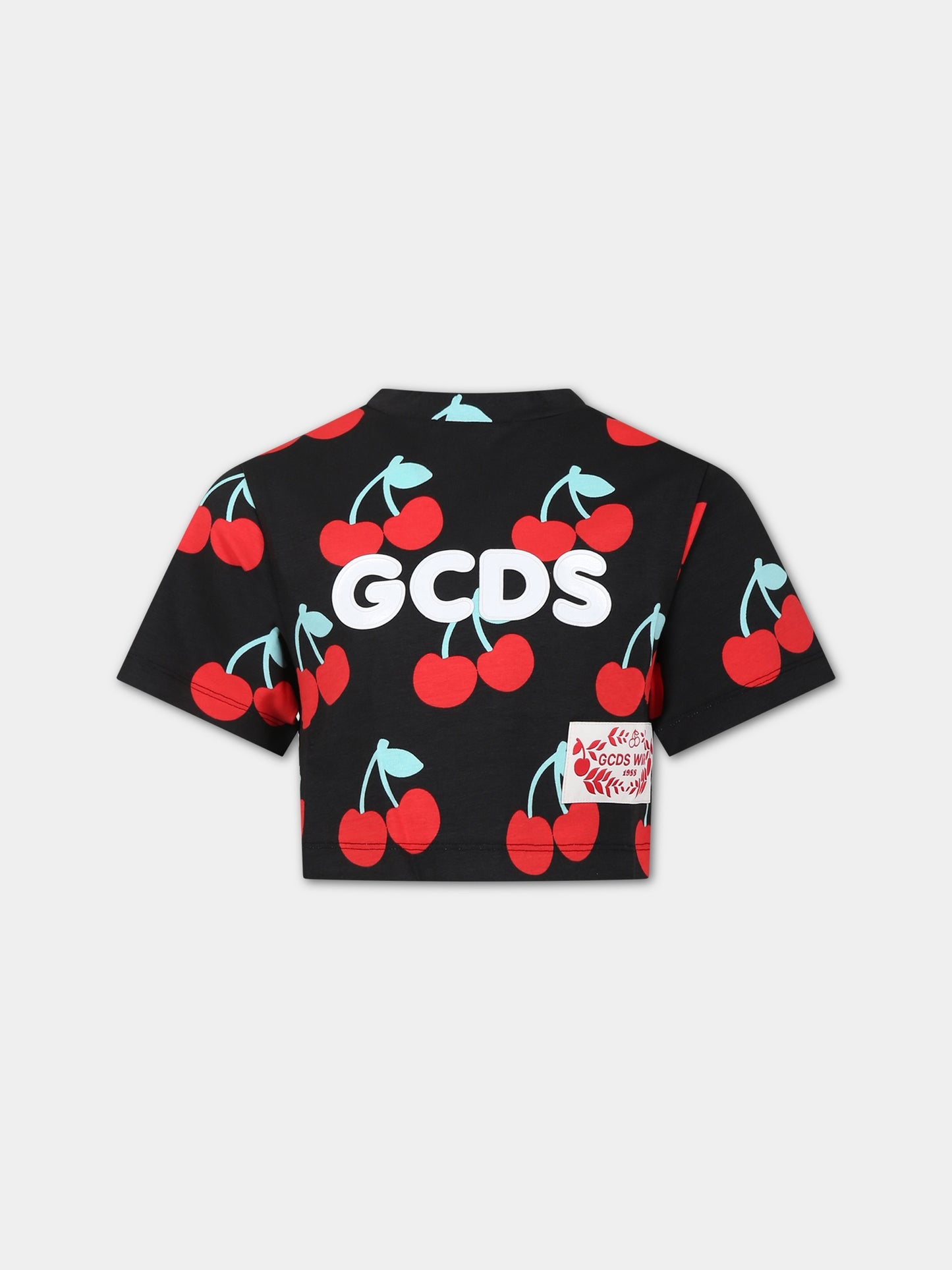 T-shirt nera per bambina con stampa ciliegie all-over,Gcds Kids,DDM00G LBB0C 84342