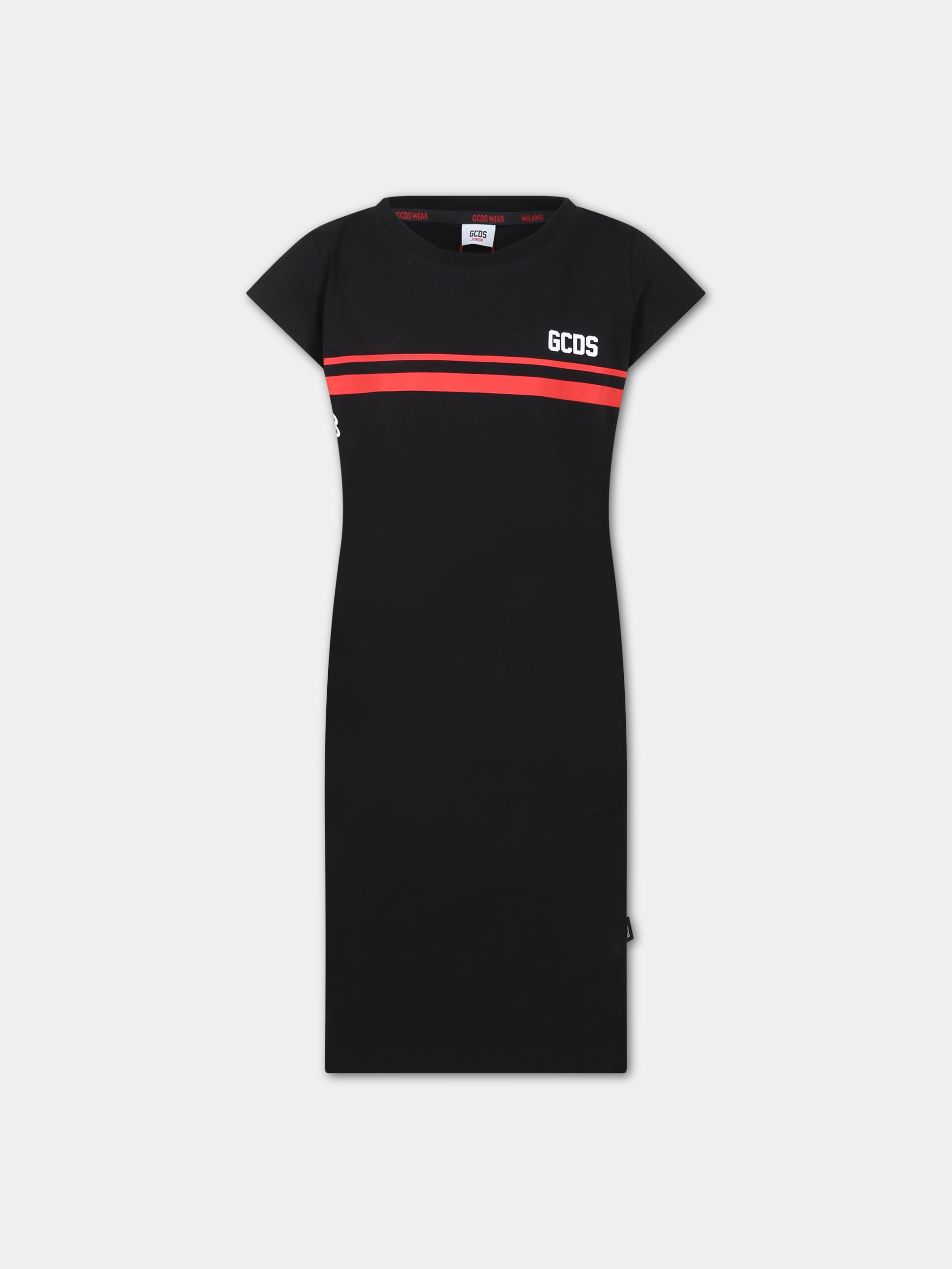Abito nero per bambina con righe rosse e logo,Gcds Kids,DDV008 LBA36 60100