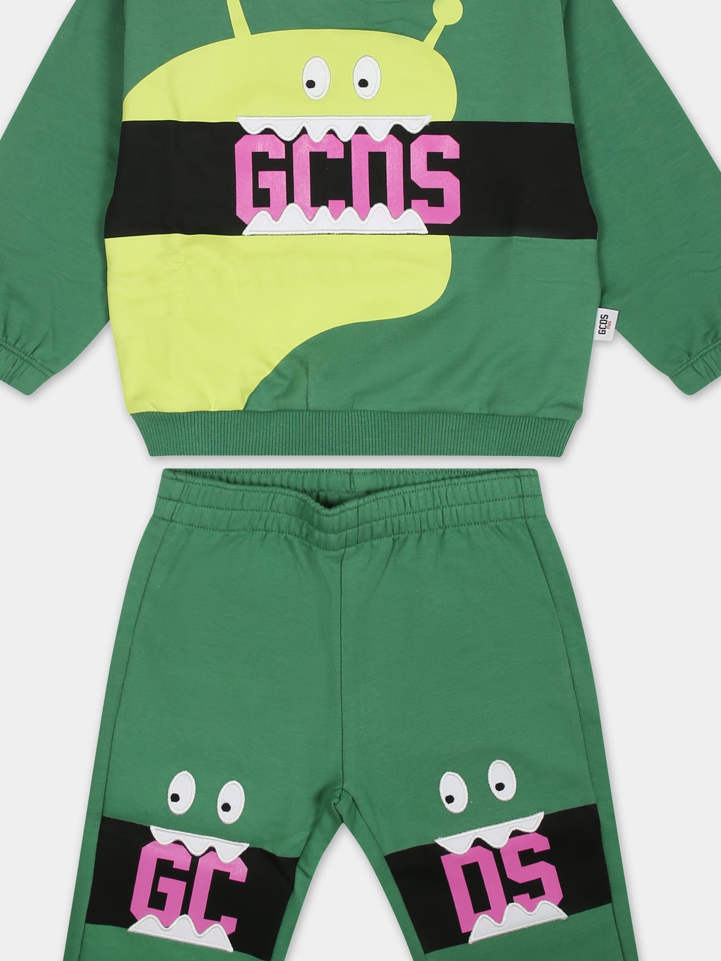 Completo verde per neonato con mostro e logo,Gcds Kids,GUK00D LDA04 30046