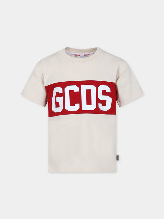 T-shirt beige per bambini con logo,Gcds Kids,DOM005 LAA22 20325