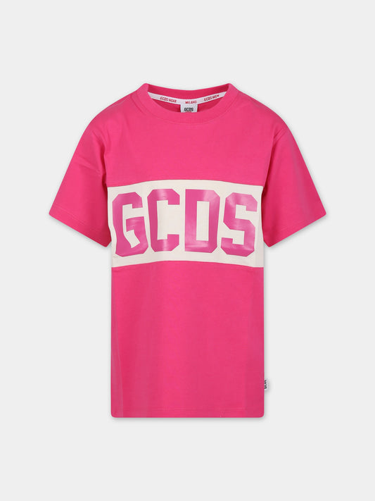 T-shirt fucsia per bambina con logo,Gcds Kids,DOM005 LAA22 50605