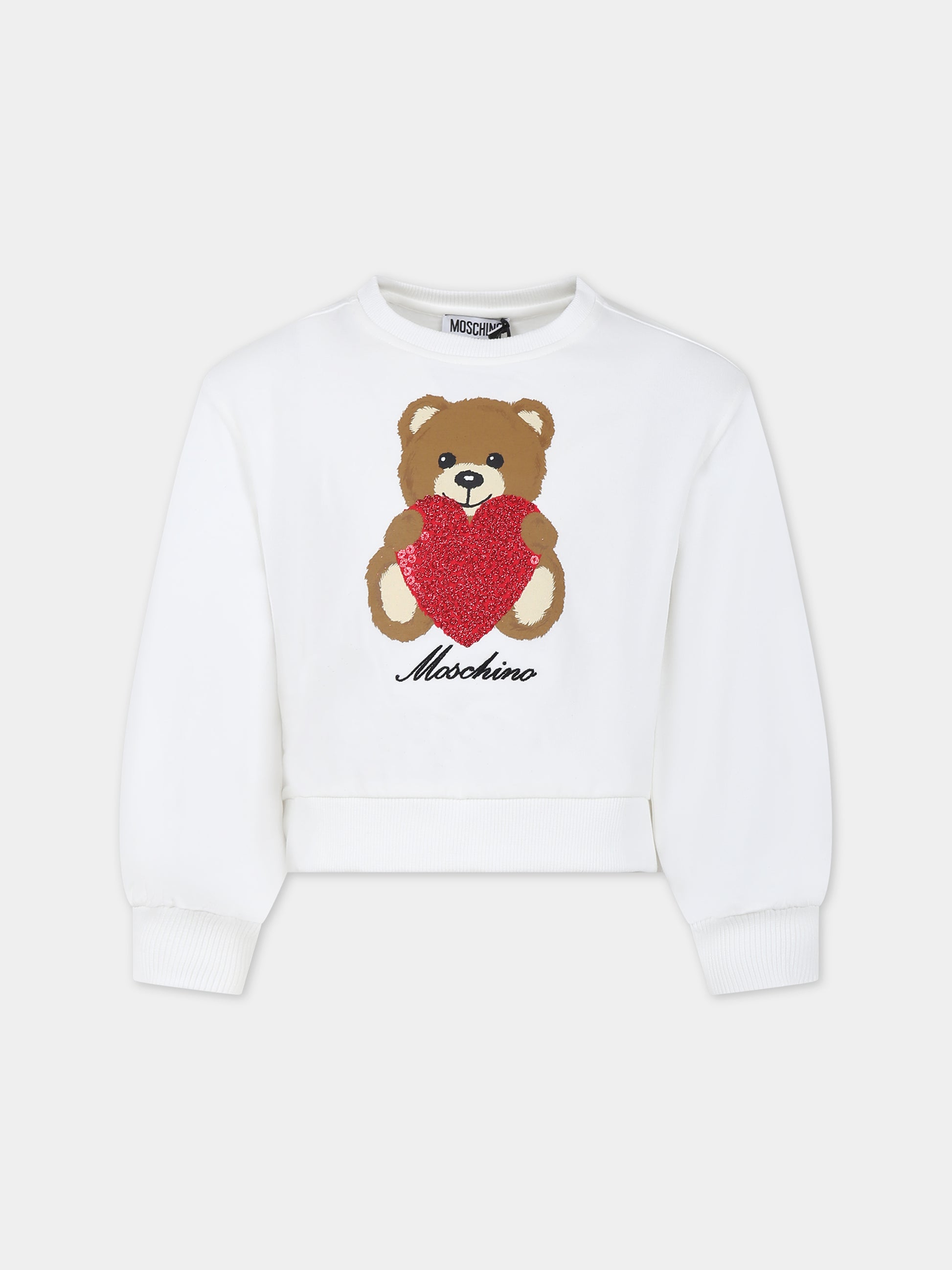 Felpa bianca per bambina con Teddy Bear e cuore,Moschino Kids,HDF05E LDA14 10063