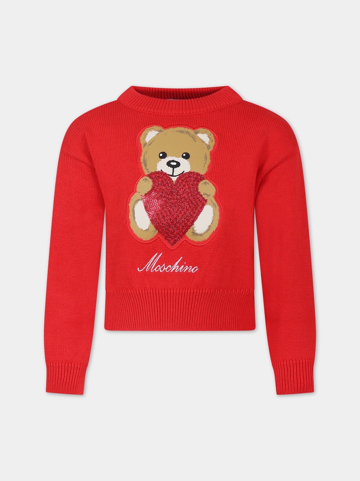 Maglione bianco per bambina con Teddy Bear e cuore,Moschino Kids,HDW01R LHE43 50109