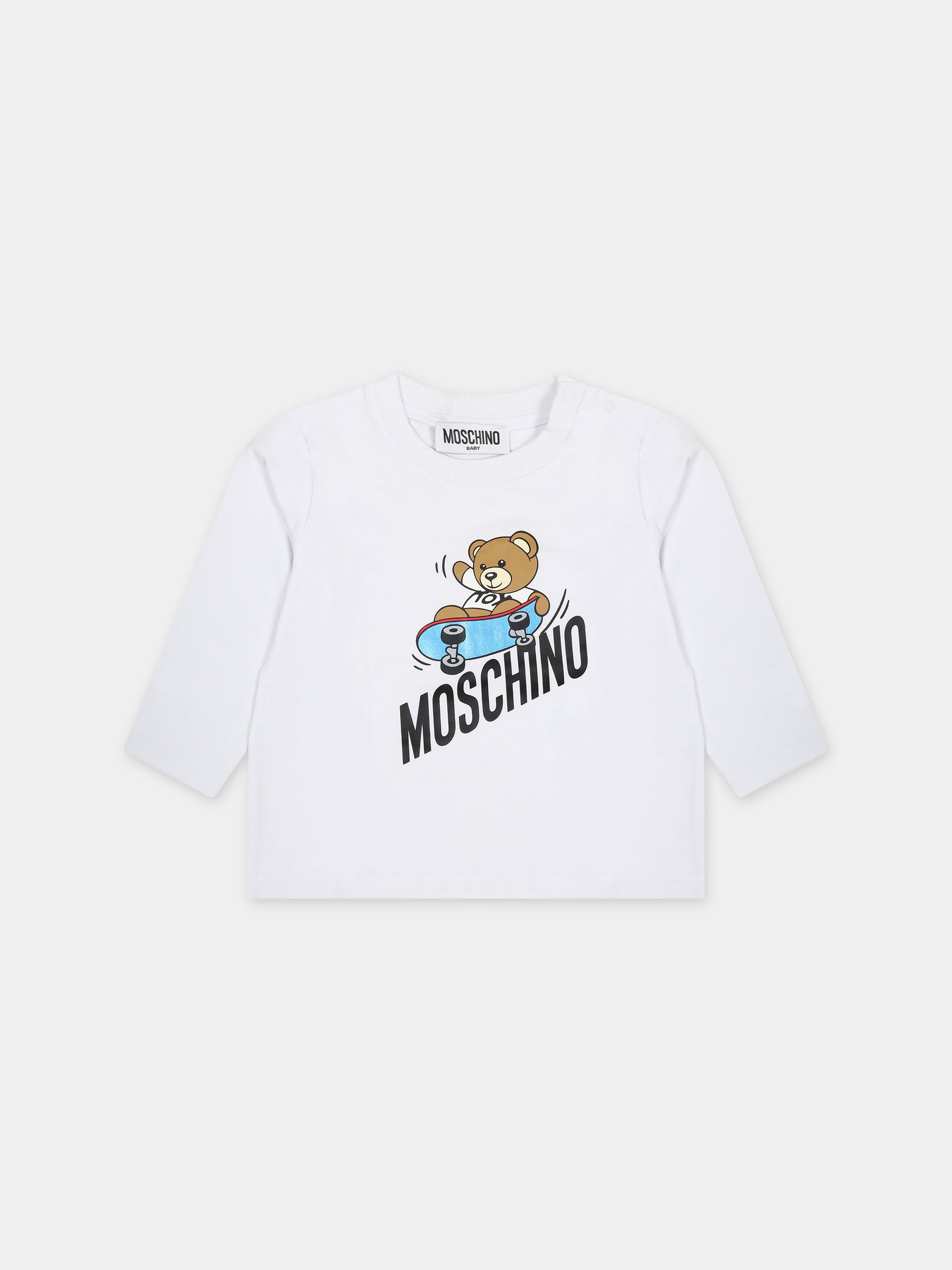 T-shirt bianca per neonato con Teddy Bear e skateboard,Moschino Kids,MTO00E LBA14 10101