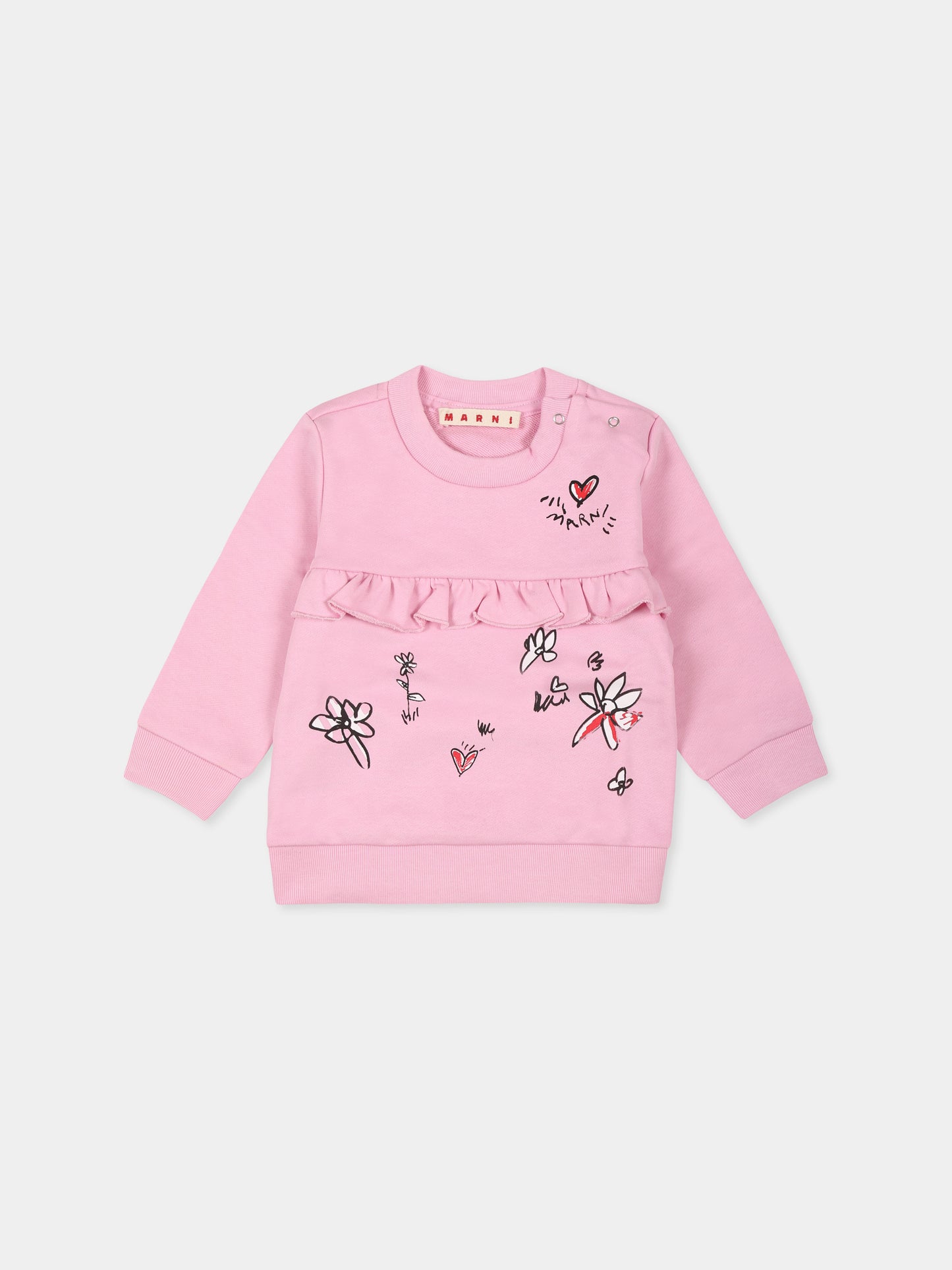 Felpa rosa per neonata con fiori e cuori,Marni Kids,M01232 M00RE MS48B 0M345