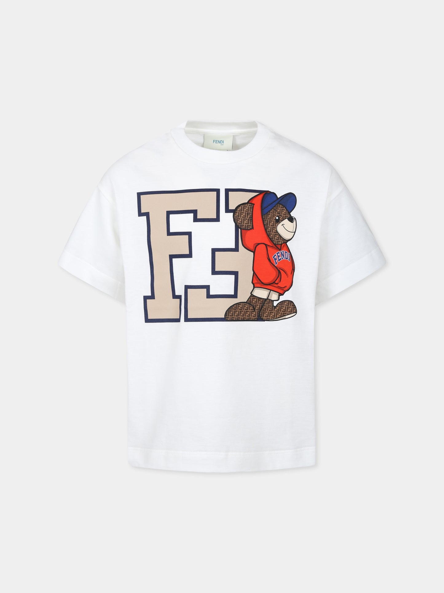 T-shirt bianca per bambino con stampa orsetto Fendi,Fendi Kids,JMI458 7AJ F0TU9