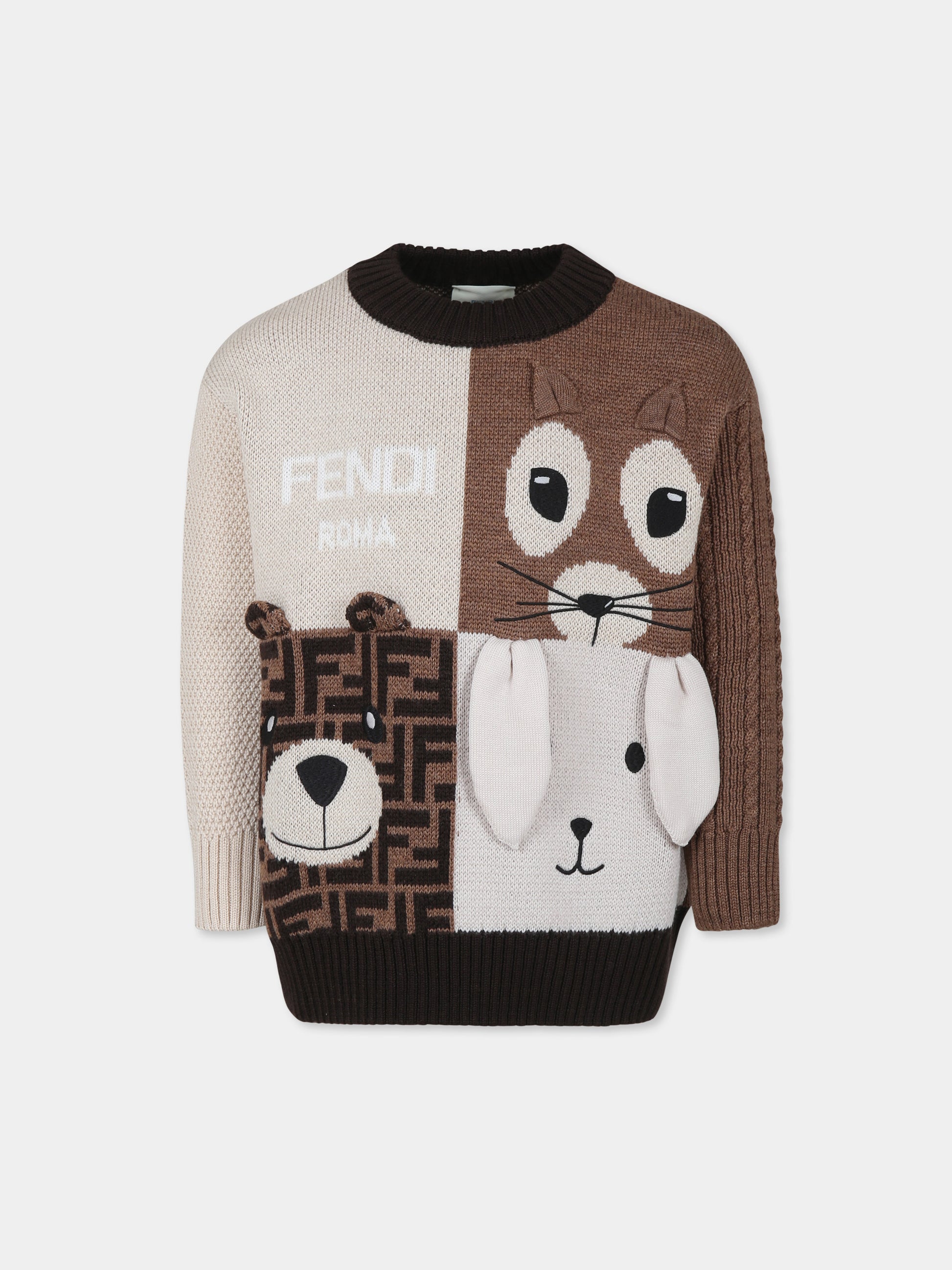 Maglione marrone per bambini con animali,Fendi Kids,JUG177 ARTB F0ZA0