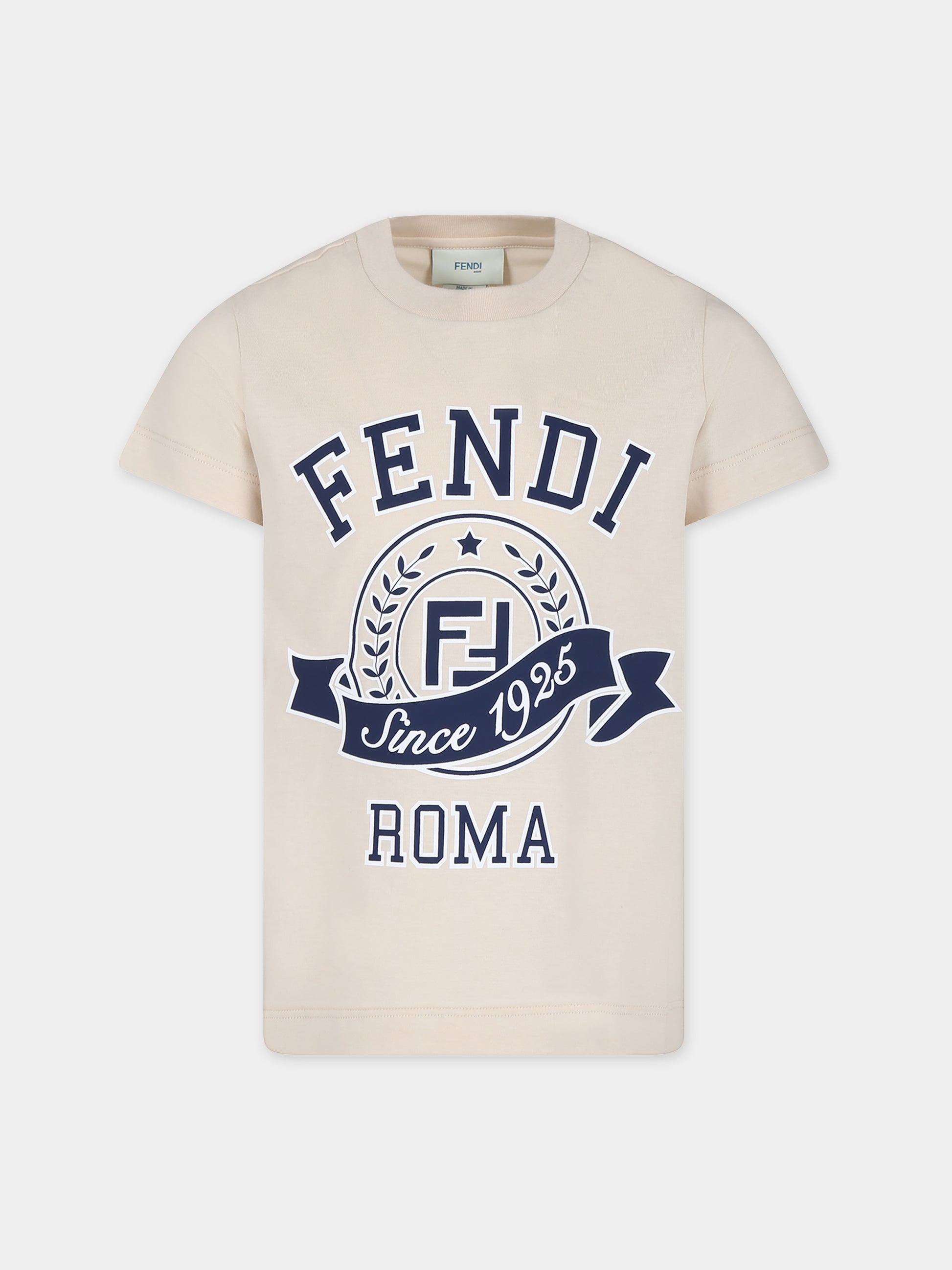 T-shirt beige per bambini con stampa logo,Fendi Kids,JUI164 7AJ F1P2N