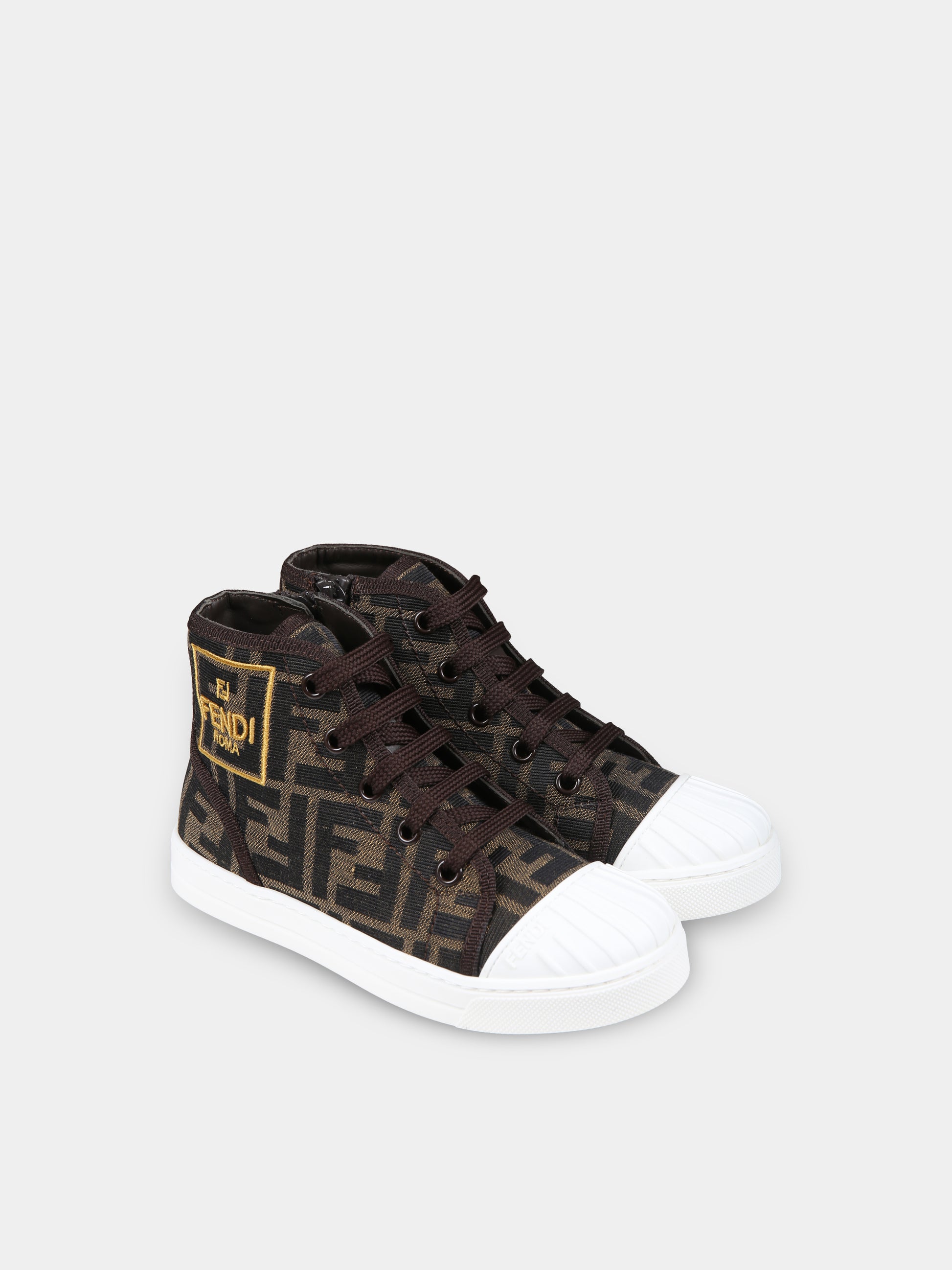 Sneakers marroni per bambini con iconiche FF,Fendi Kids,JMR473 AJZE F1NJK