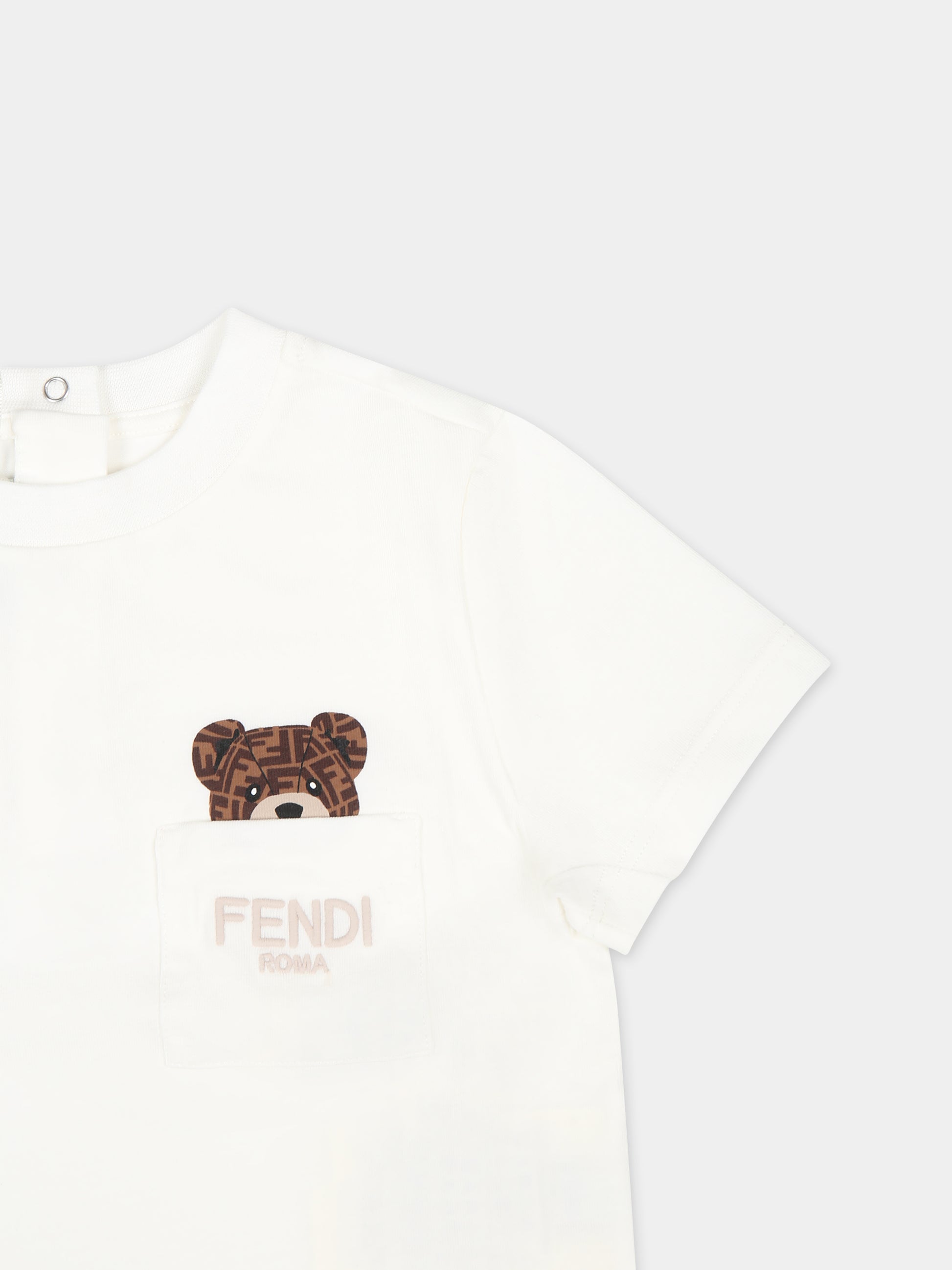 T-shirt bianca per neonati con orsetto Fendi,Fendi Kids,BUI083 ST8 F0TU9