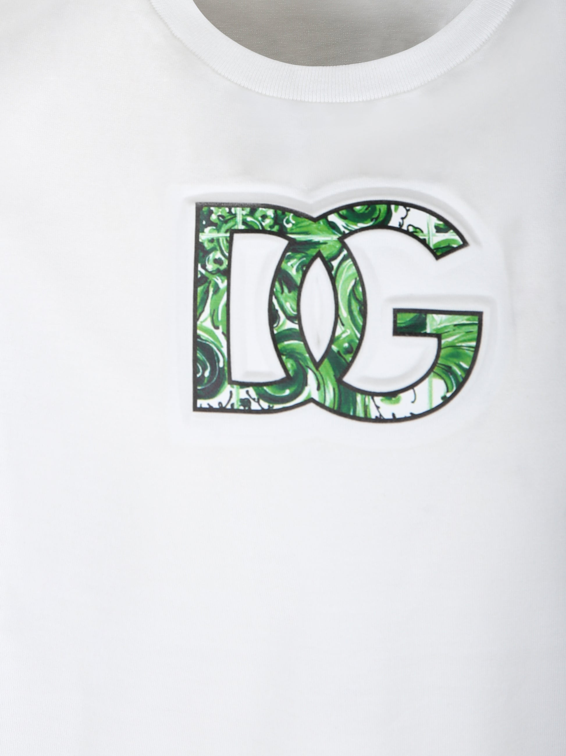 T-shirt bianca per bambino con logo DG e stampa maiolica verde,Dolce & Gabbana Kids,L4JTHV G7NVC W0800