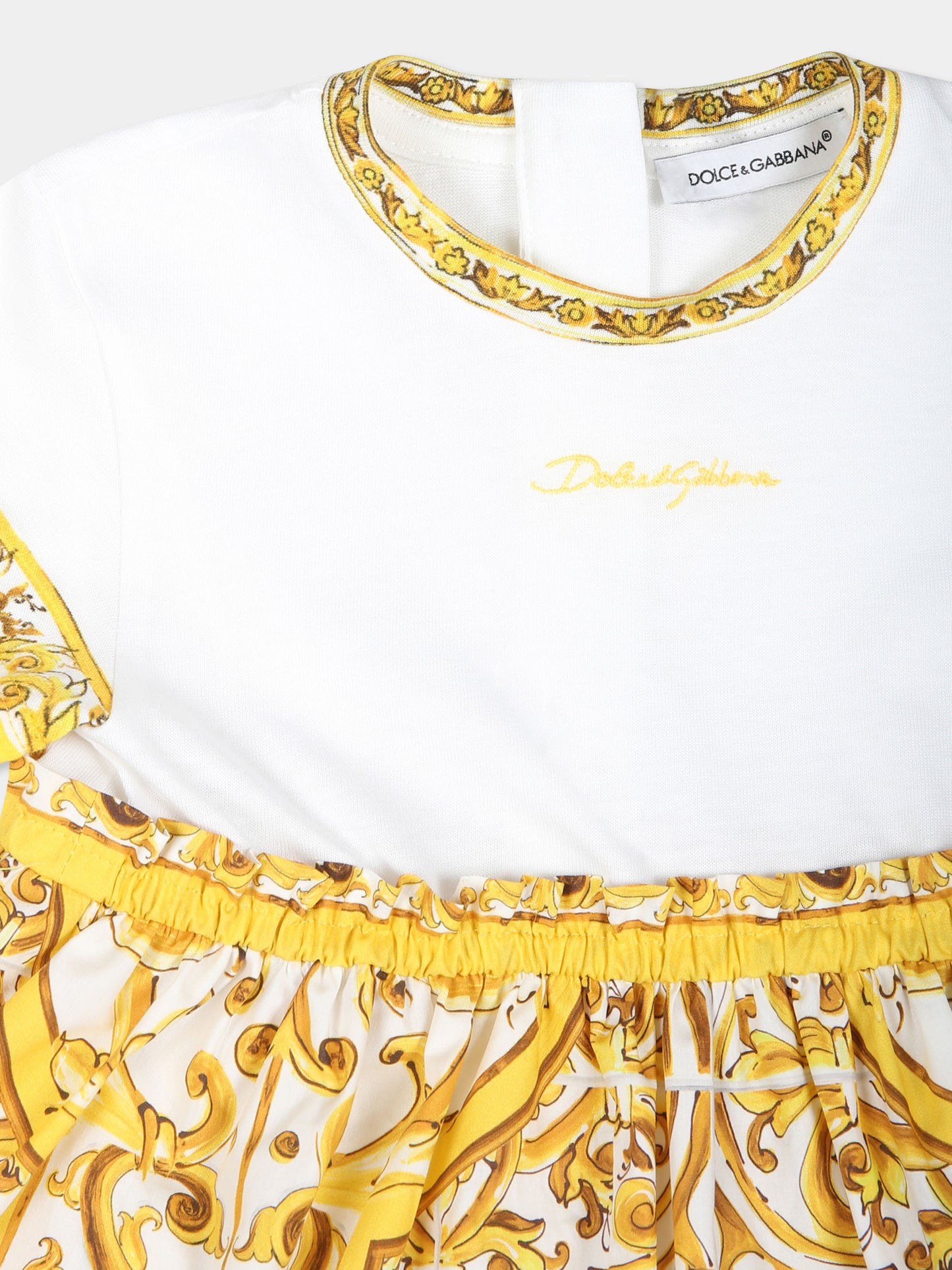 Vestito giallo per neonata con stampa maiolica gialla,Dolce & Gabbana Kids,L2JDZ1 G7NUL S9000