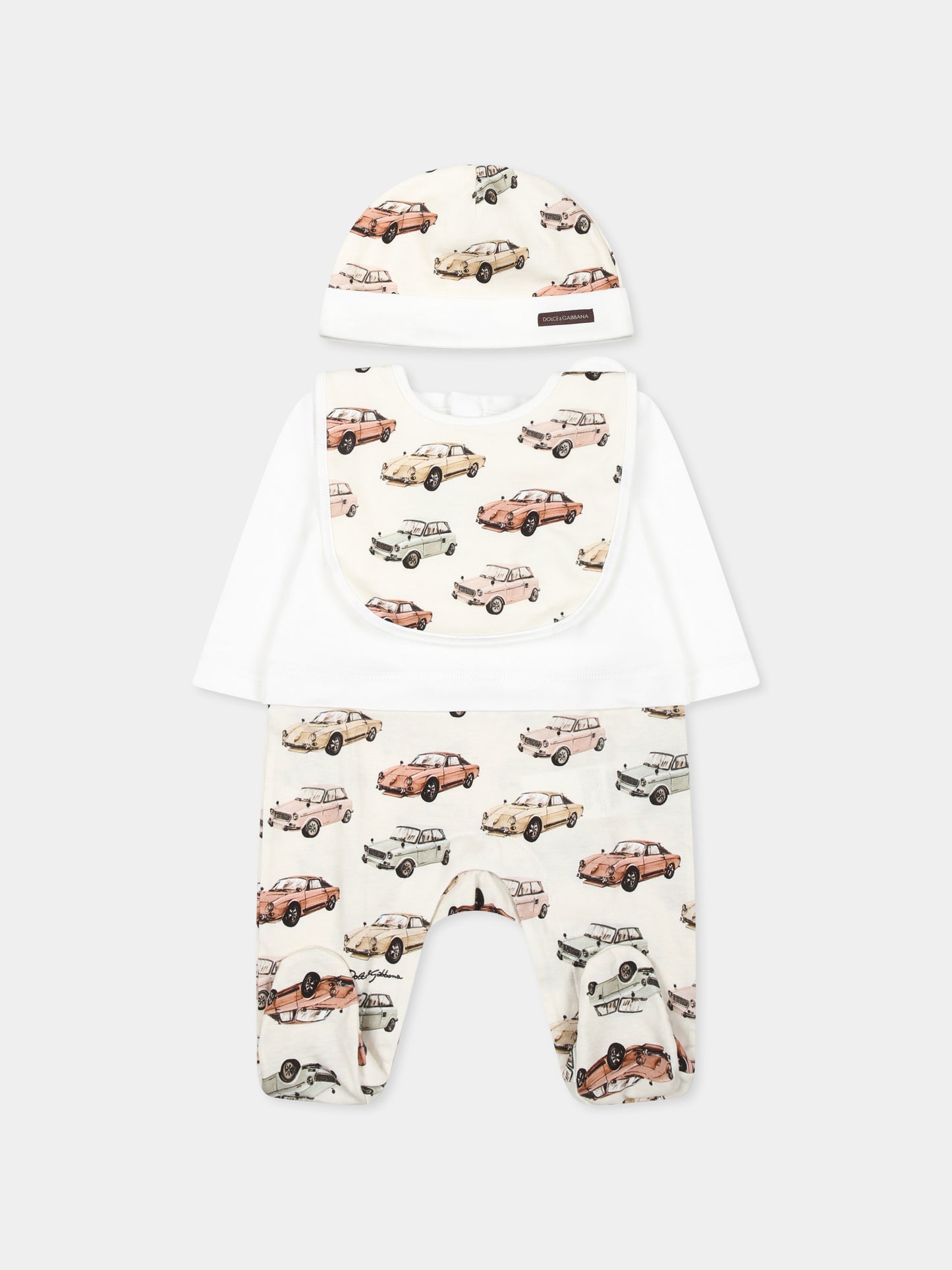 Set tutina bianco per neonato con stampa auto d'epoca,Dolce & Gabbana Kids,L1JO6H G7NXI S9000