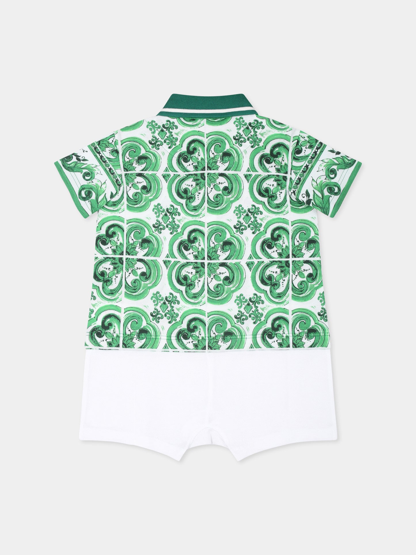 Pagliaccetto verde per neonato con stampa maiolica verde e logo,Dolce & Gabbana Kids,L1JO7A G7NVD S9000