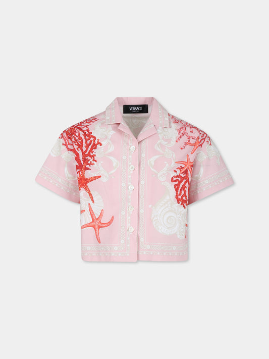 Camicia rosa per bambina con stampa Barocco Sea,Versace,1015184 1A11424 5PA90