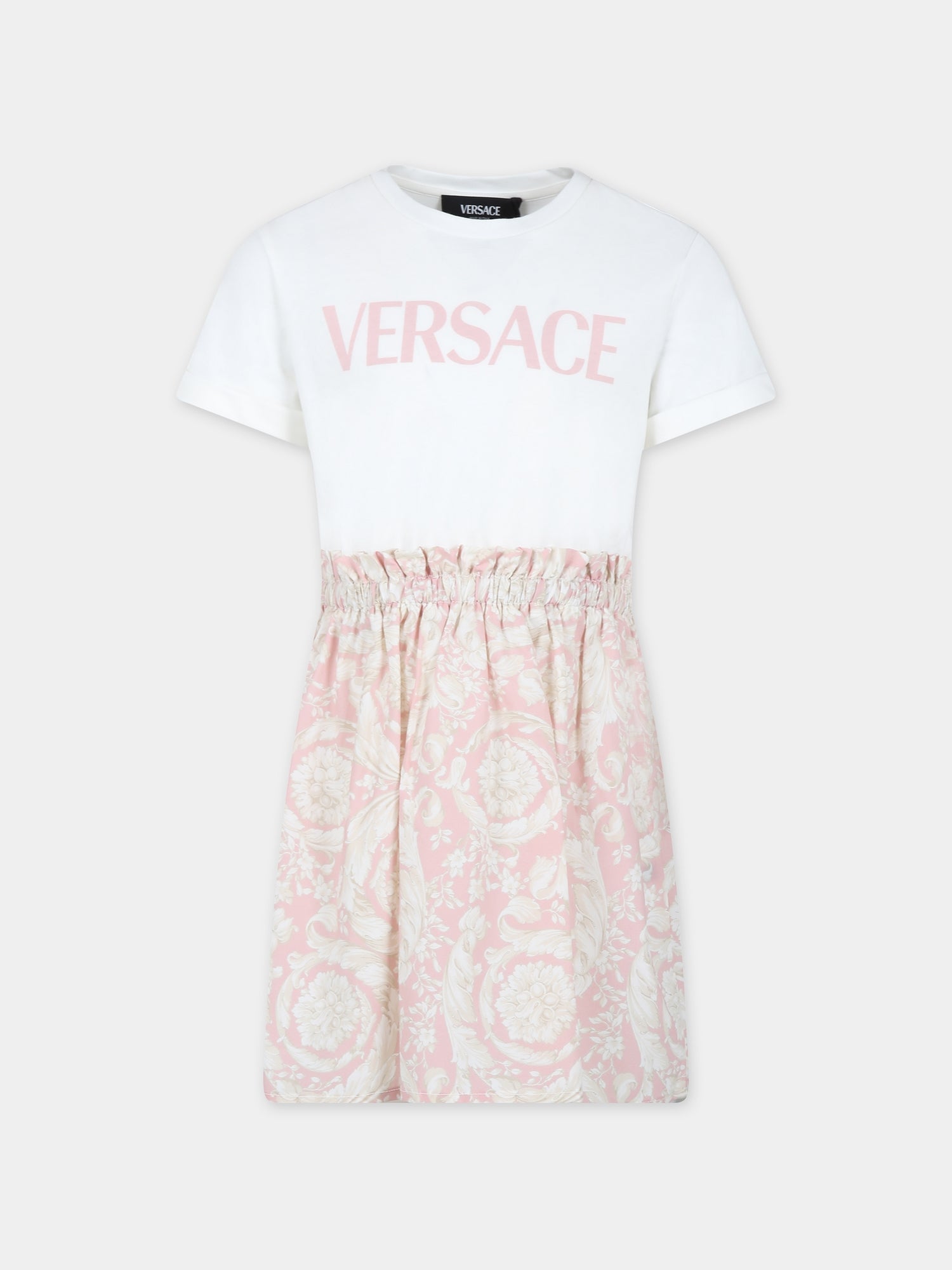 Vestito rosa per bambina con logo e stampa Barocco,Versace,1000327 1A11443 2W310