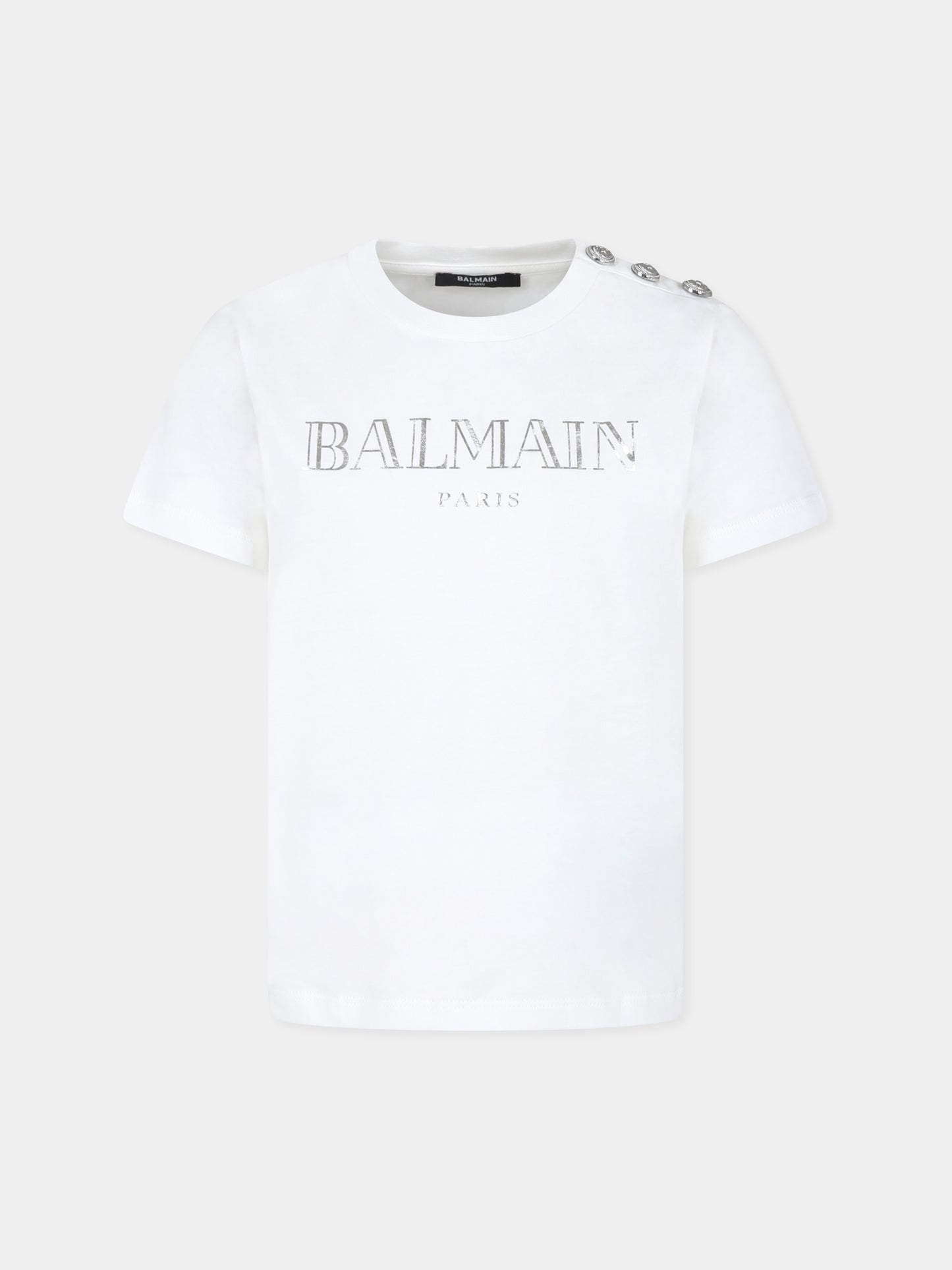 T-shirt avorio per bambina con logo argento,Balmain Kids,BV8Q21 Z0116 102AG