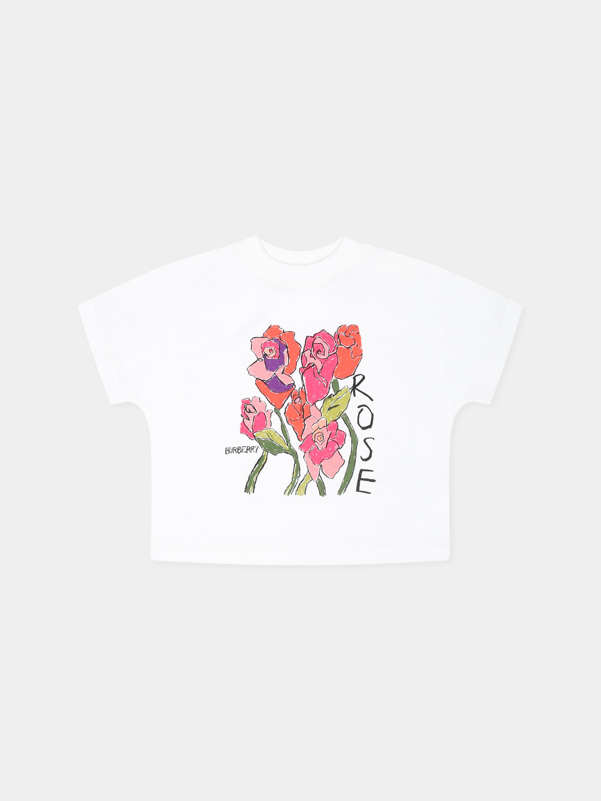 T-shirt bianca per neonata con rose,Burberry Kids,8094964 A1464