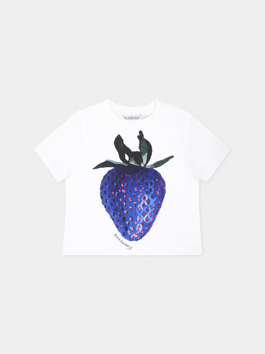 T-shirt bianca per neonata con fragola,Burberry Kids,8093100 A1464