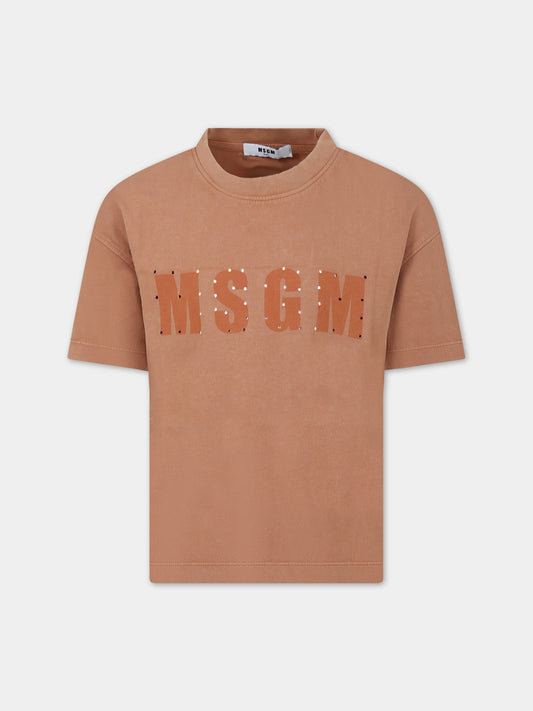 T-shirt beige per bambini con logo,Msgm Kids,F3MSJUTH181 924