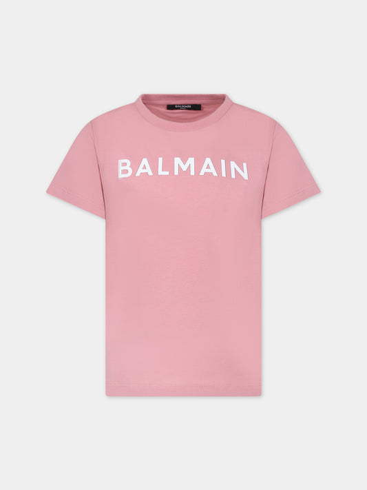 T-shirt rosa per bambina con logo,Balmain Kids,BT8B01 Z0057 521