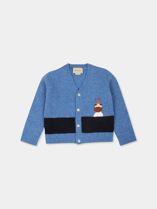 Cardigan azzurro per neonato con cane e logo,Gucci Kids,793448 XKD53 4027