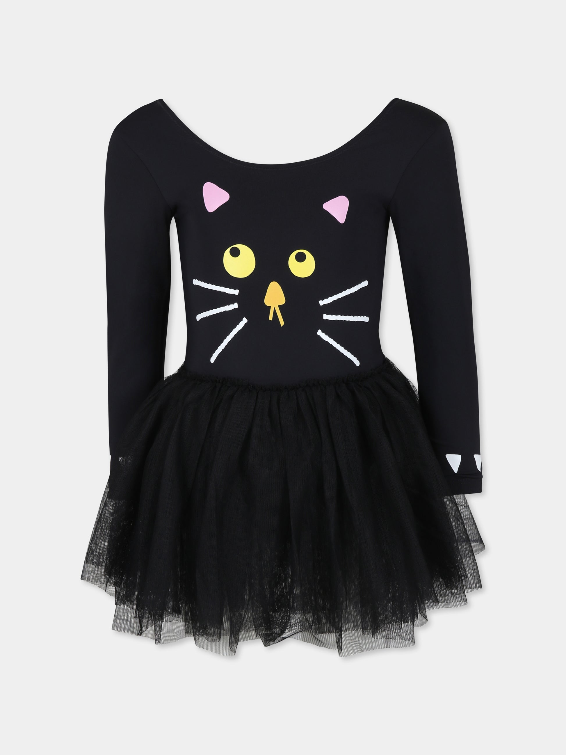 Vestito nero per bambina con stampa gatto,Stella Mccartney Kids,TV1D10 Z0157 930