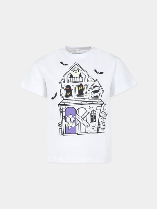 T-shirt bianca per bambino con stampa casa infestata,Stella Mccartney Kids,TV8P21 Z0434 100