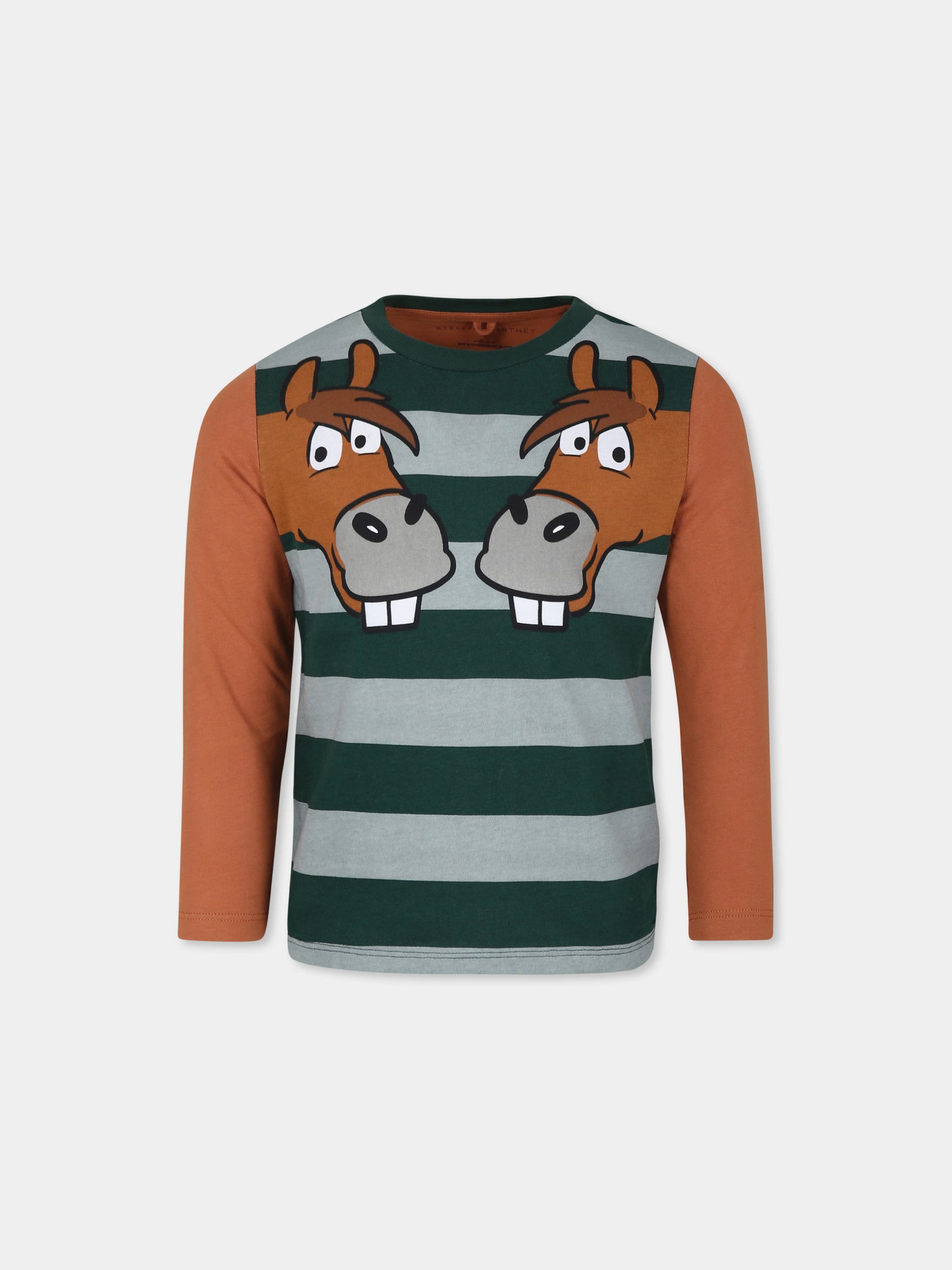 T-shirt verde per bambino con stampa cavallo,Stella Mccartney Kids,TV8R80 Z2162 730VE