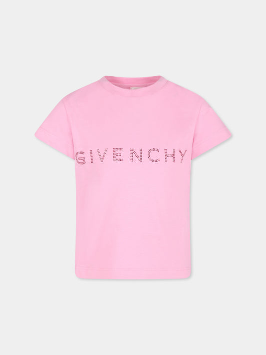 T-shirt rosa per bambina con logo e strass,Givenchy Kids,H30429 465