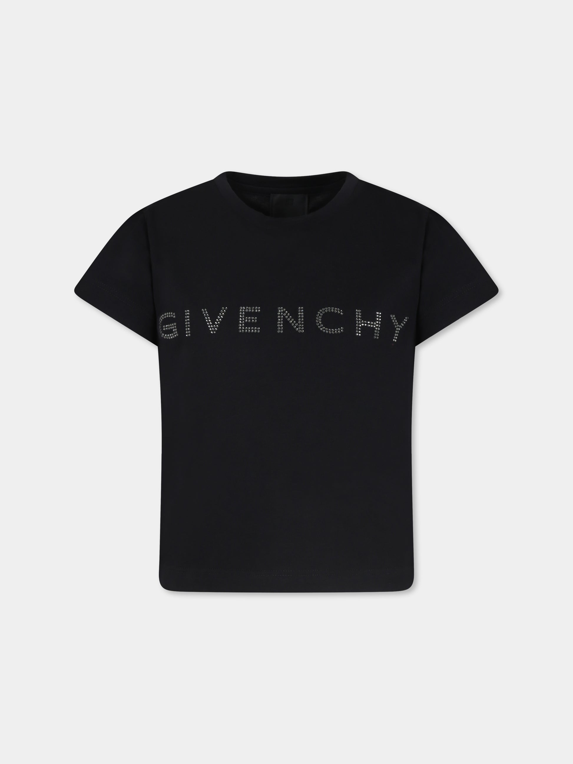 T-shirt nera per bambina con logo e strass,Givenchy Kids,H30429 09B