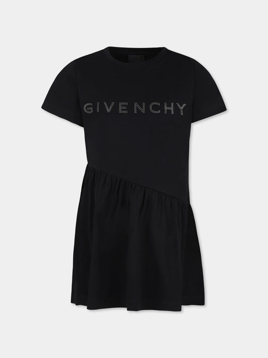 Vestito nero per bambina con logo e strass,Givenchy Kids,H30385 09B