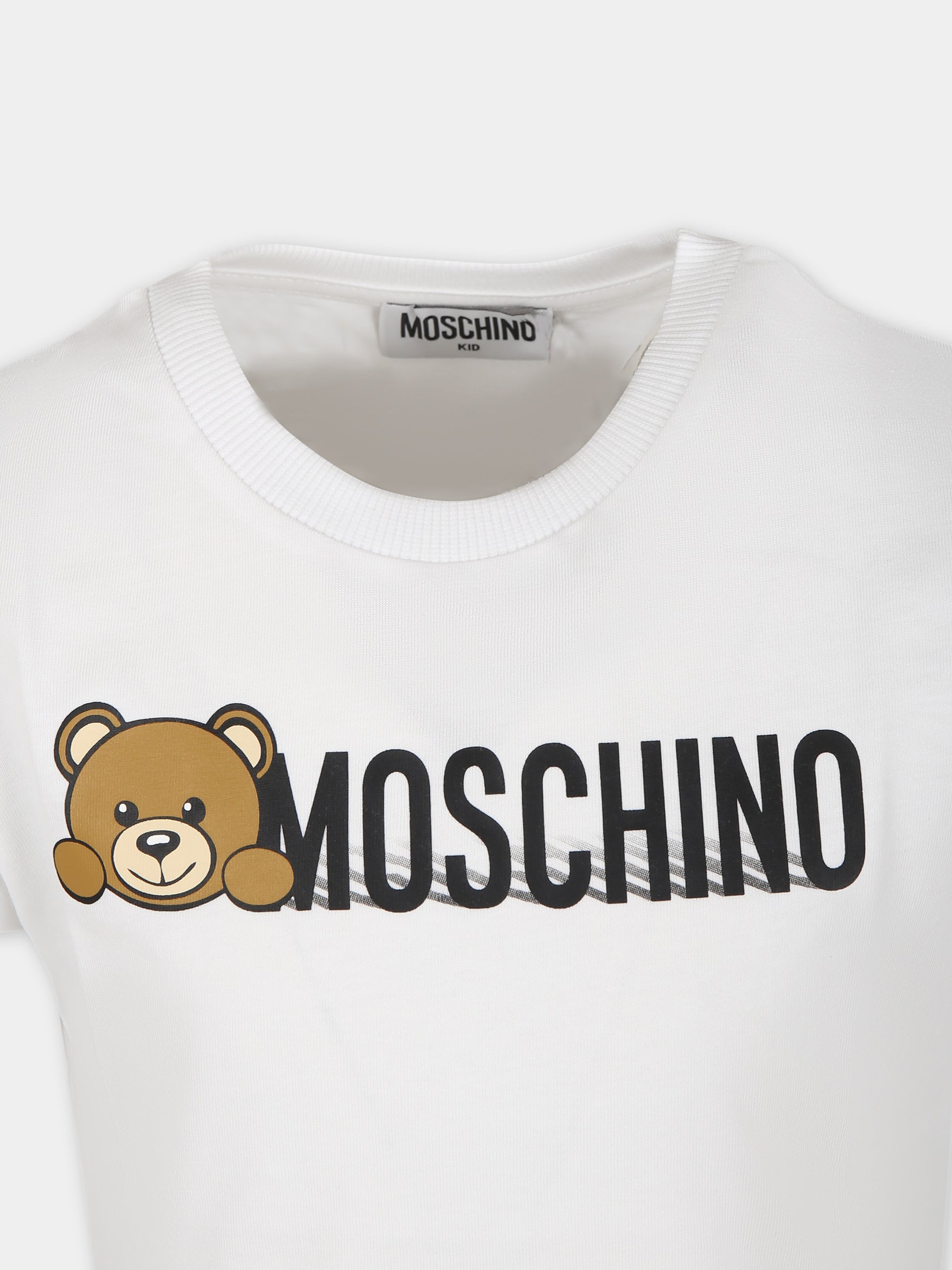 T-shirt bianca per bambini con Teddy Bear e logo,Moschino Kids,HWM03U LAA34 10101