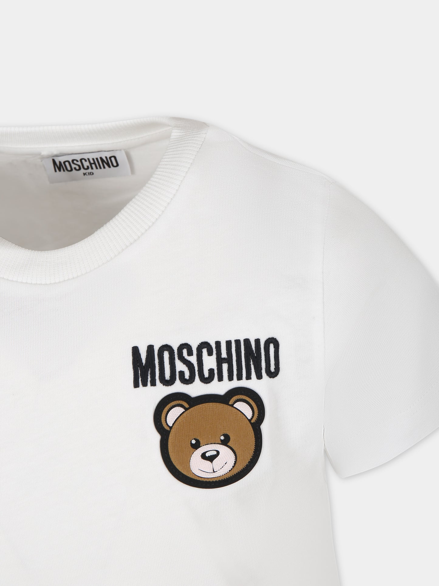 T-shirt bianca per bambini con Teddy Bear e logo,Moschino Kids,HZM03U LAA01 10101