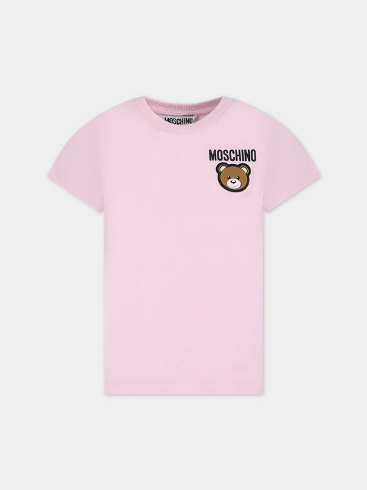 T-shirt rosa per bambina con Teddy Bear e logo,Moschino Kids,HZM03U LAA01 51684