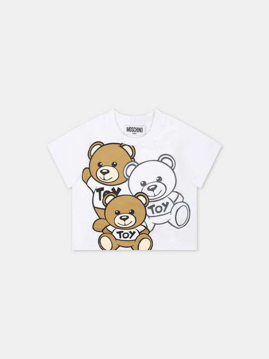 T-shirt bianca per neonato con Teddy Bears,Moschino Kids,MPM032 LAA20 10101