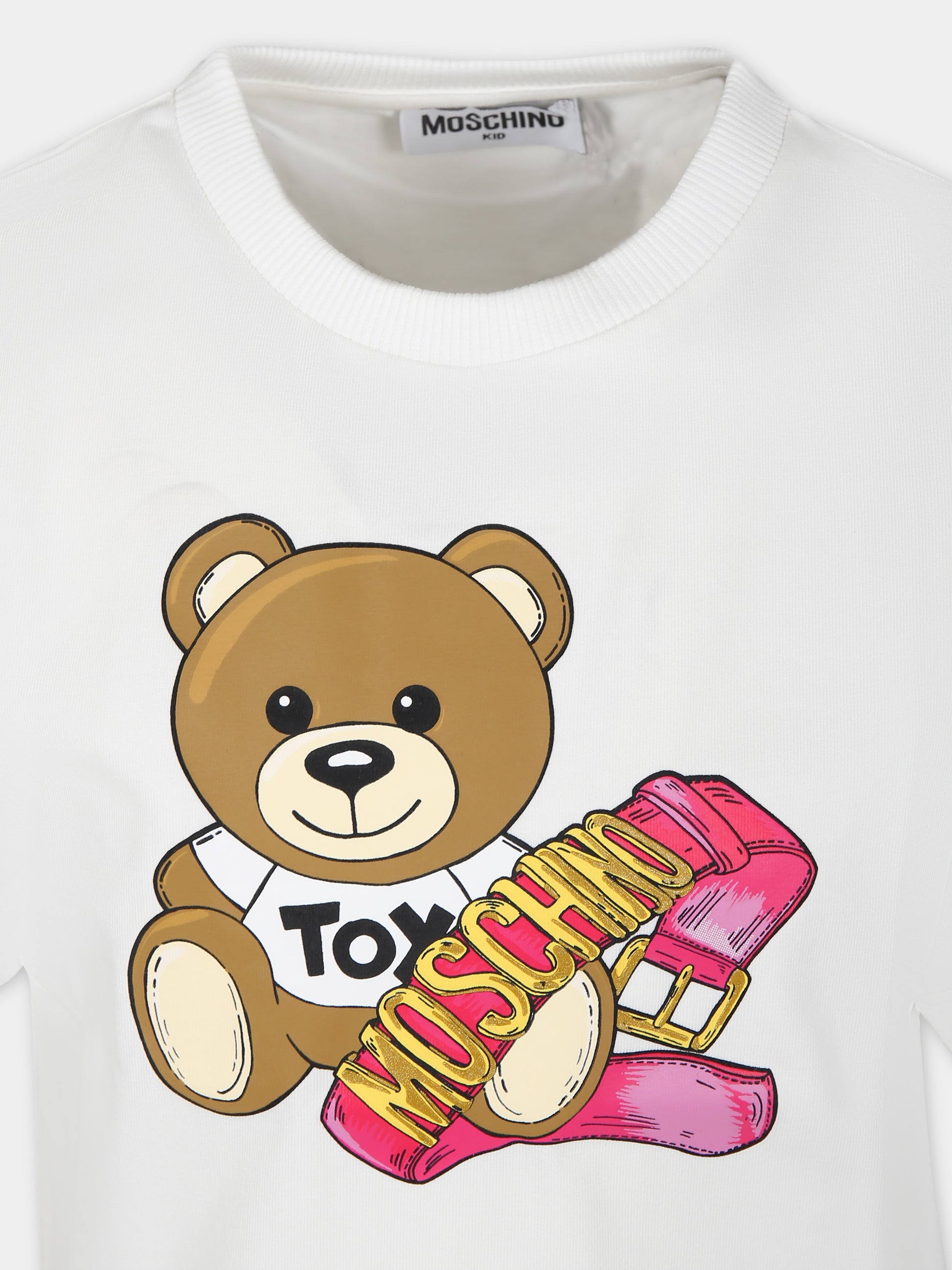 Maxi t-shirt bianca per bambina con Teddy Bear e logo,Moschino Kids,H3M02T LBA11 10063