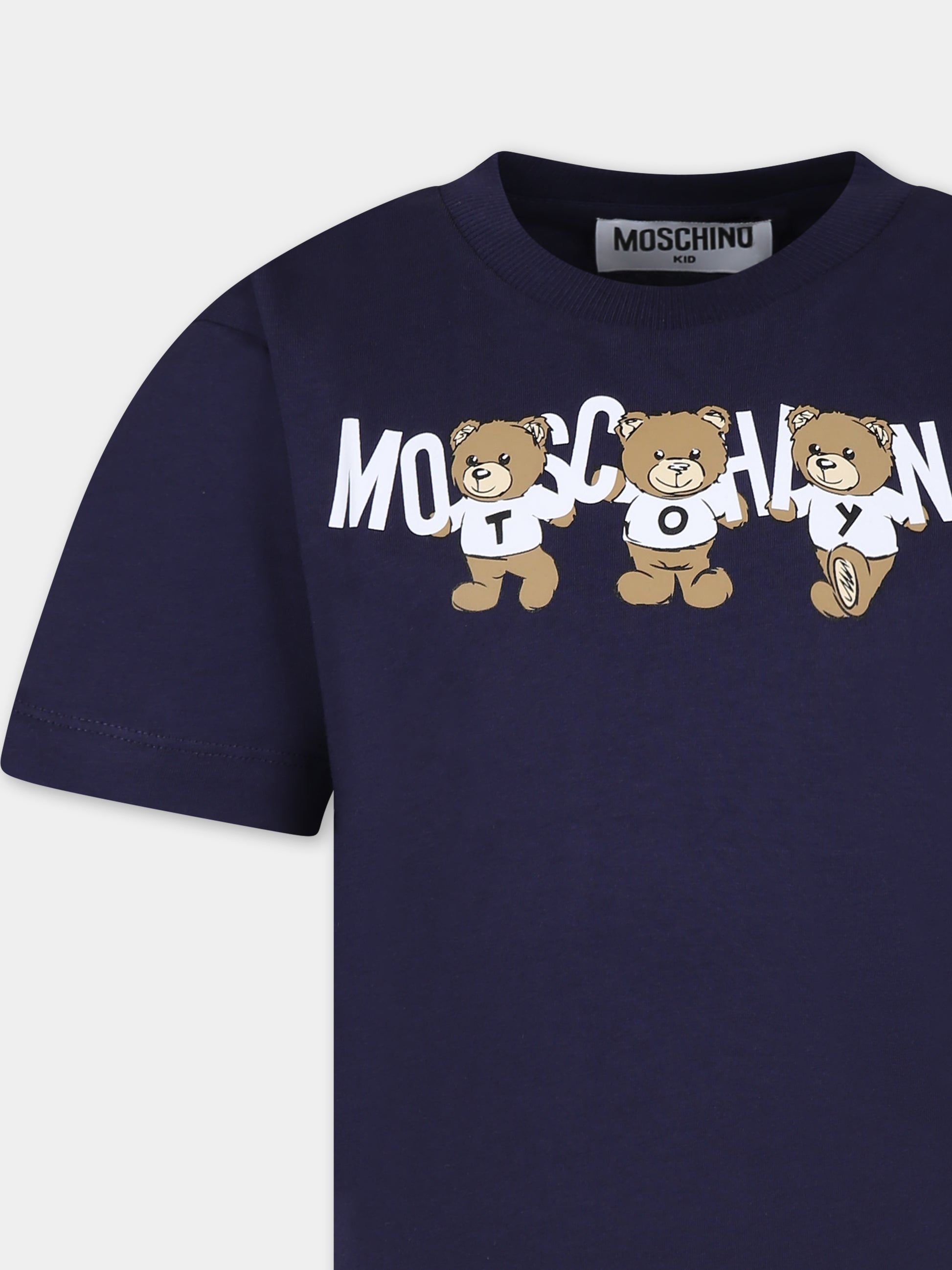 T-shirt blu per bambini con tre Teddy Bears,Moschino Kids,H9M03R LAA10 40016