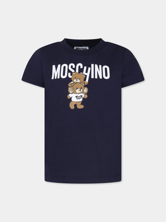 T-shirt blu per bambini con due Teddy Bears,Moschino Kids,HVM04K LAA01 40016