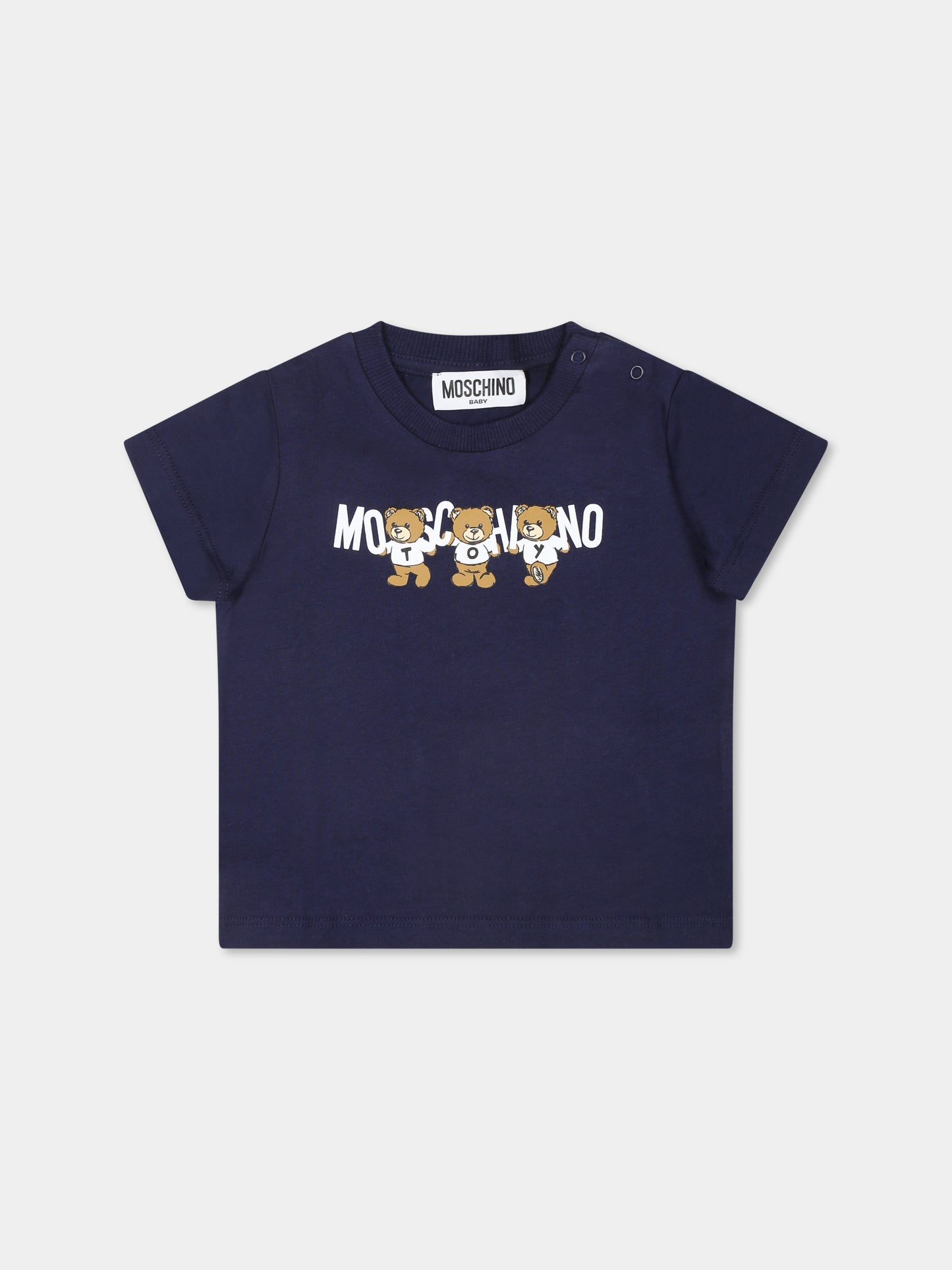 T-shirt blu per neonati con tre Teddy Bears,Moschino Kids,M7M032 LAA10 40016