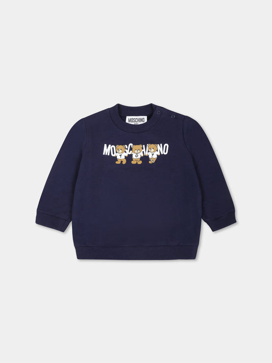 Felpa blu per neonati con tre Teddy Bears,Moschino Kids,M8F04Q LCA40 40016