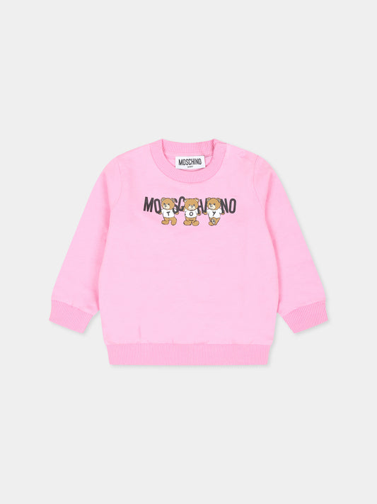 Felpa rosa per neonata con tre Teddy Bears,Moschino Kids,M8F04Q LCA40 50243