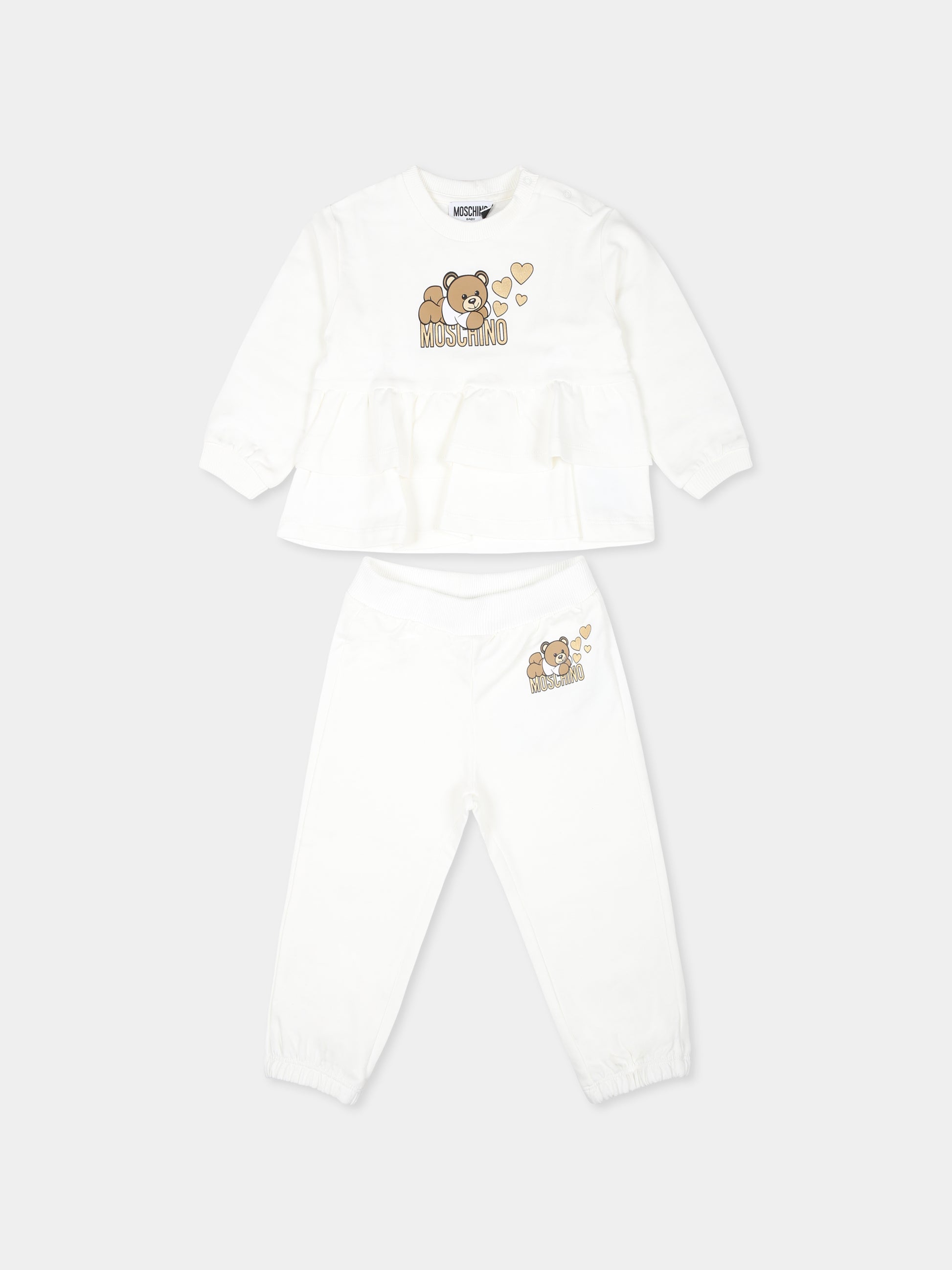 Completo avorio per neonata con Teddy Bear e cuori,Moschino Kids,MDK02Z LDA16 10063