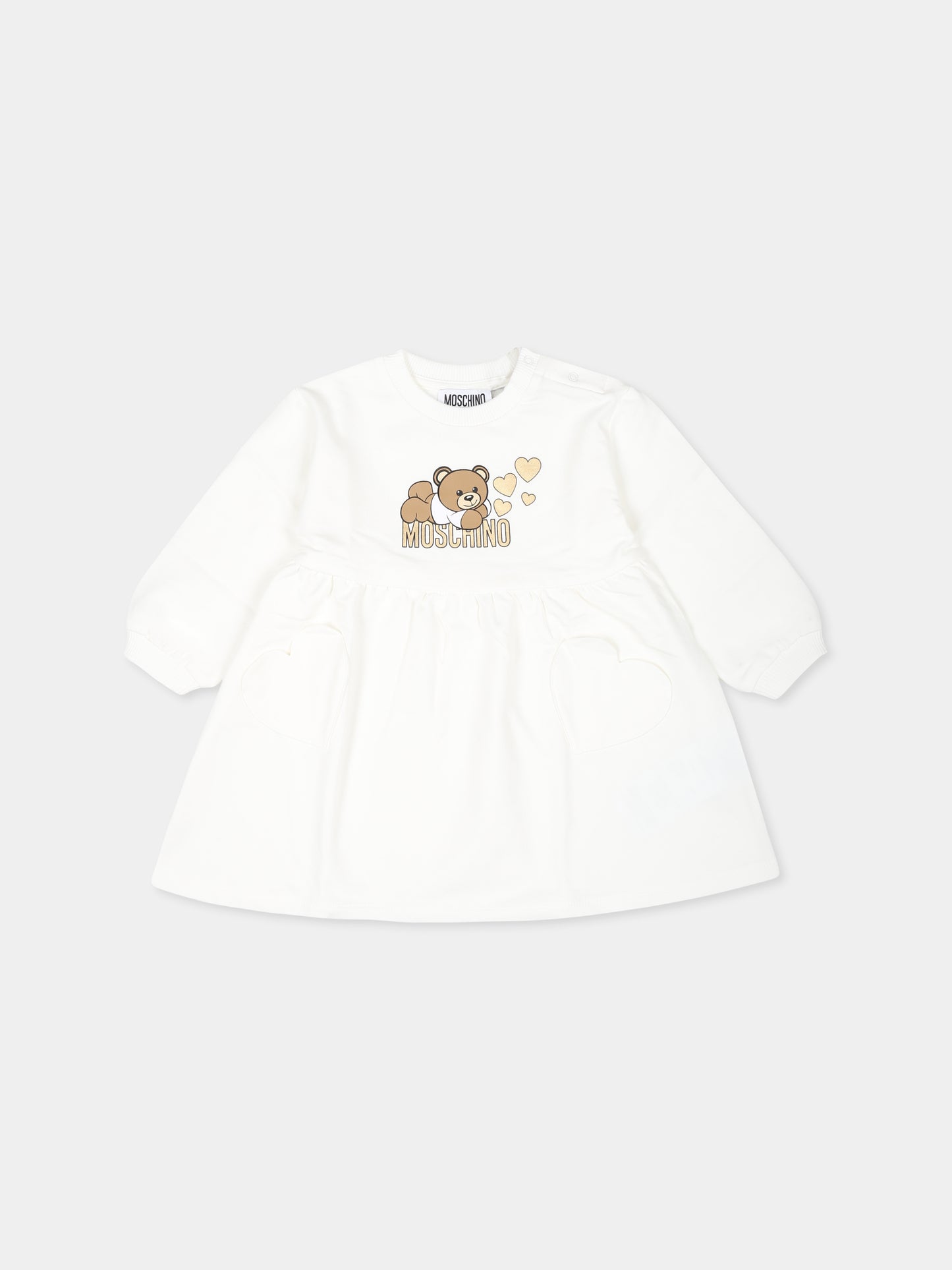 Vestito avorio per neonata con Teddy Bear e cuori,Moschino Kids,MDV0BL LDA16 10063