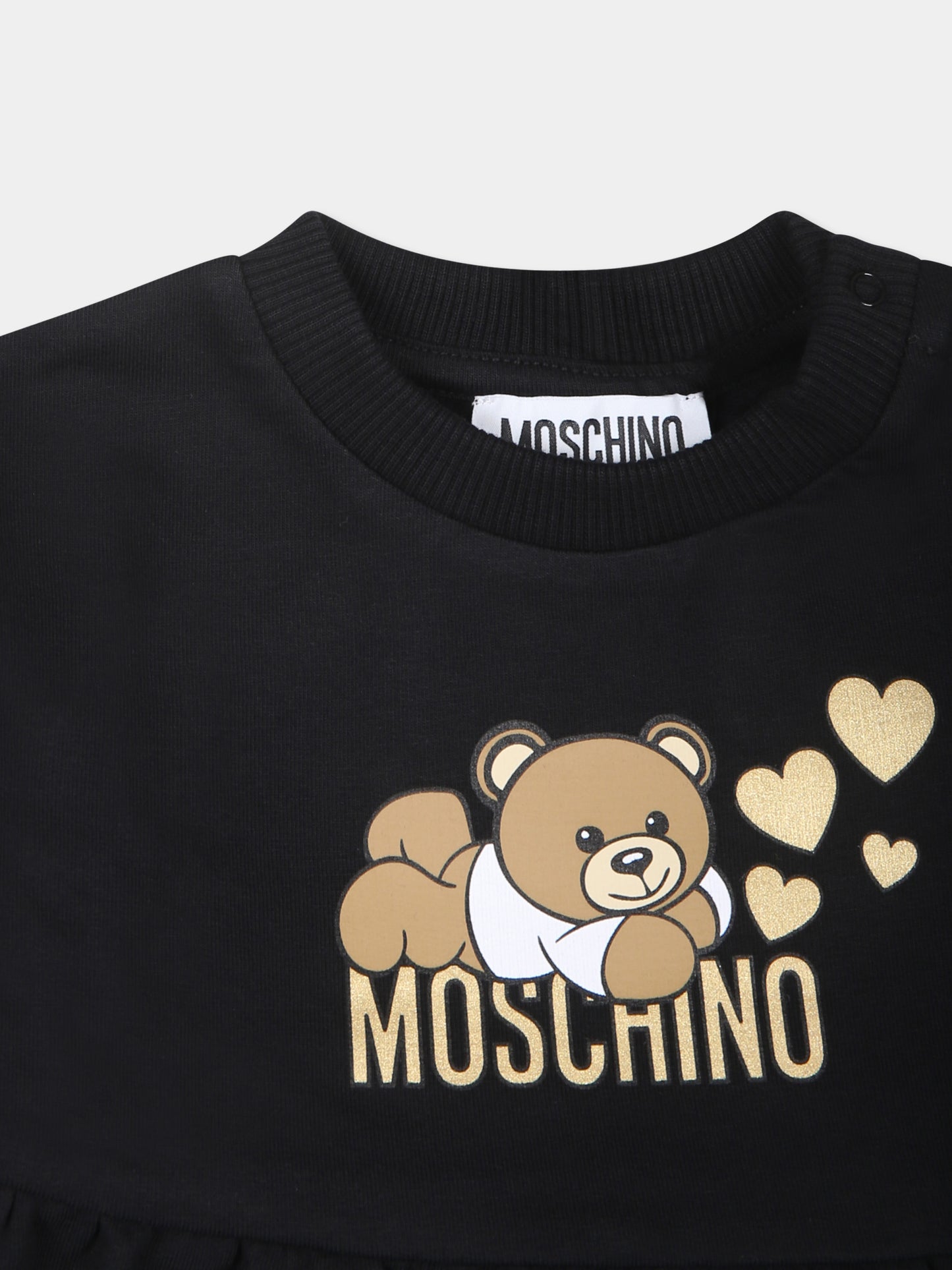 Vestito nero per neonata con Teddy Bear e cuori,Moschino Kids,MDV0BL LDA16 60100