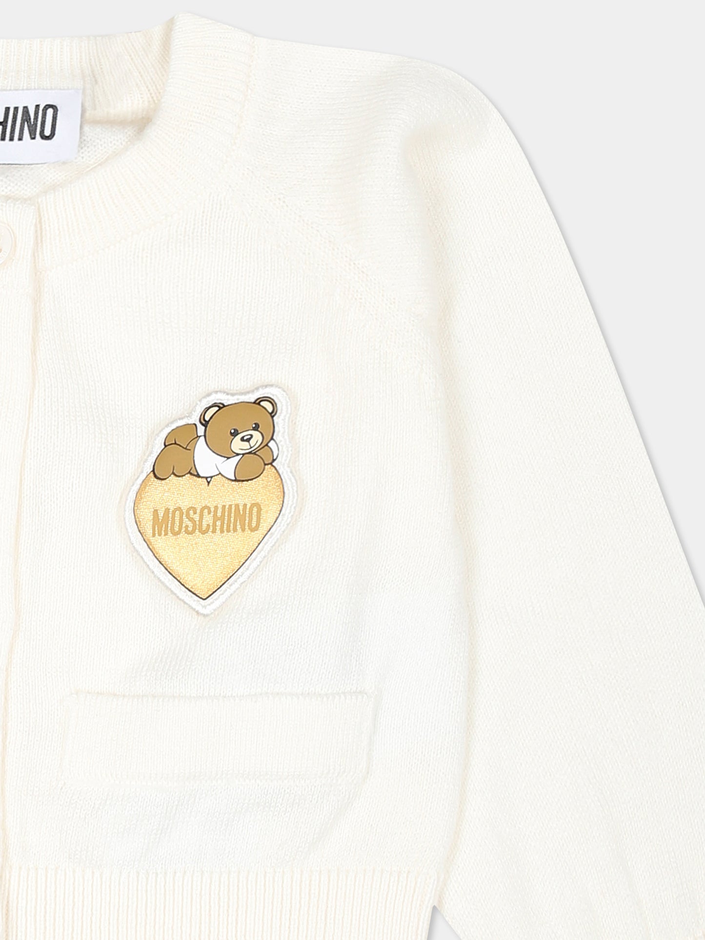 Cardigan avorio per neonata con patch logato e Teddy Bear,Moschino Kids,MDW014 LHE69 10063