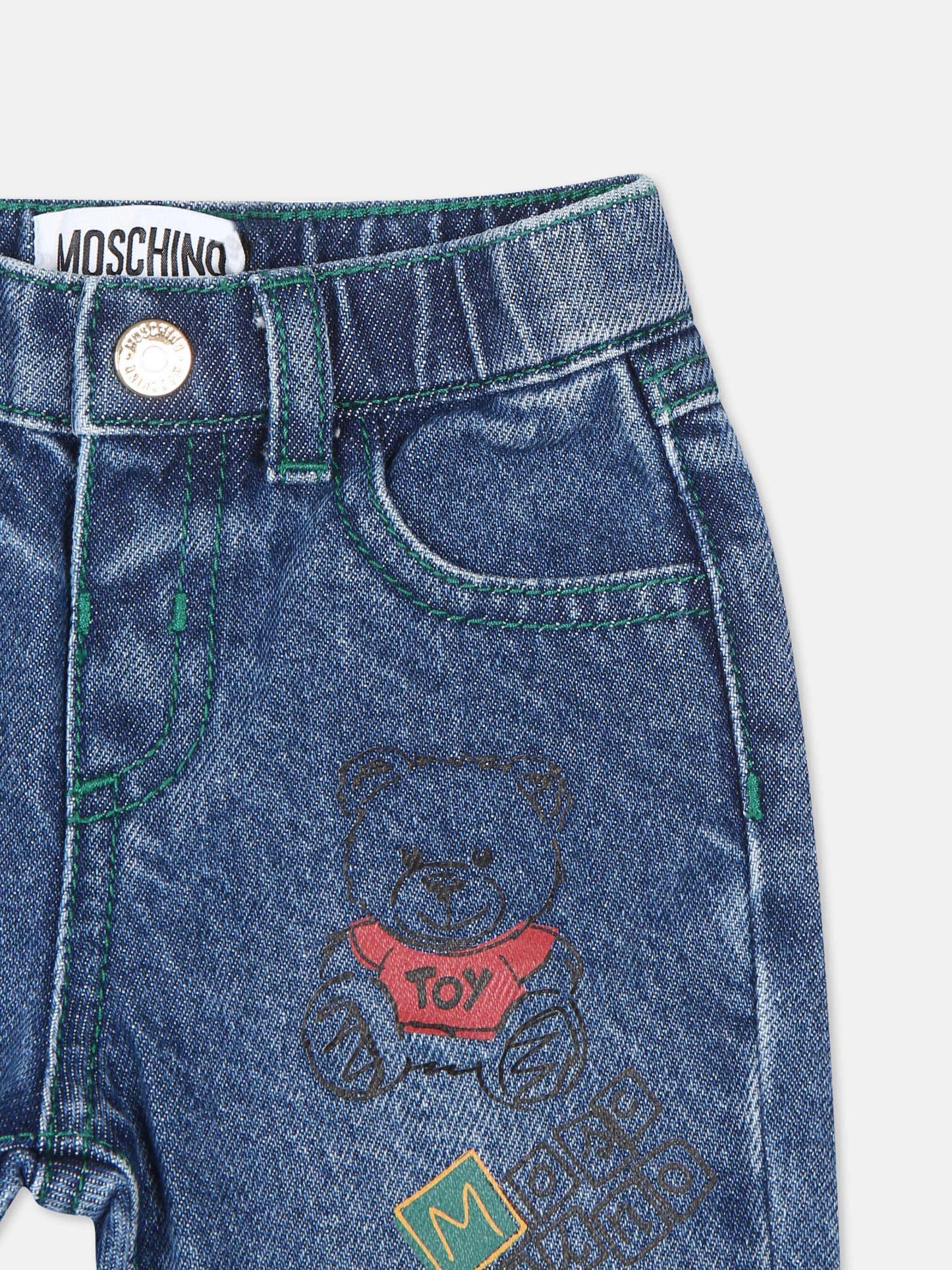 Jeans blu per neonato con logo e Teddy Bear,Moschino Kids,MUP04Z L0E29 40290