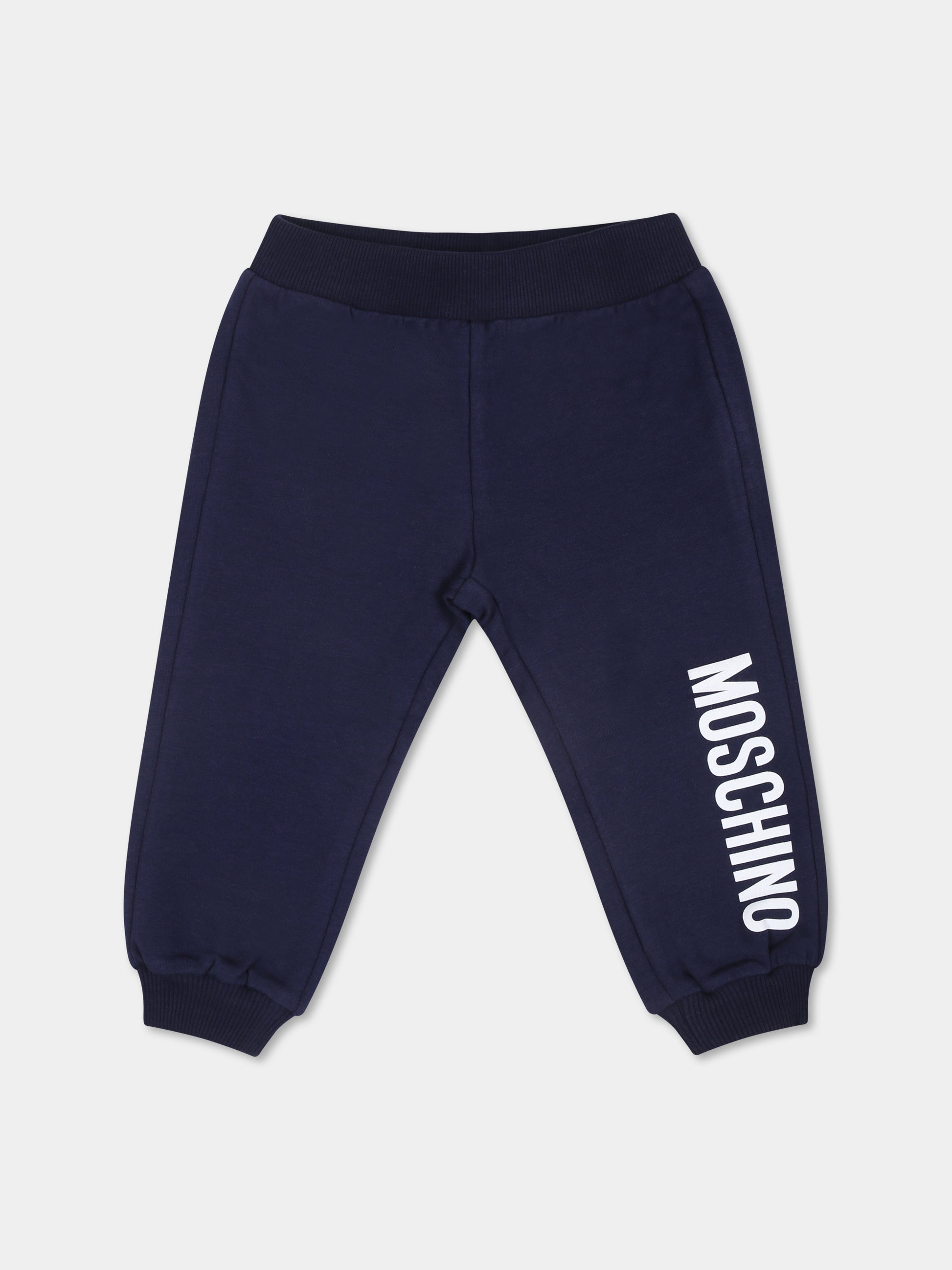 Pantaloni blu per neonati con logo,Moschino Kids,MUP058 LDA18 40016