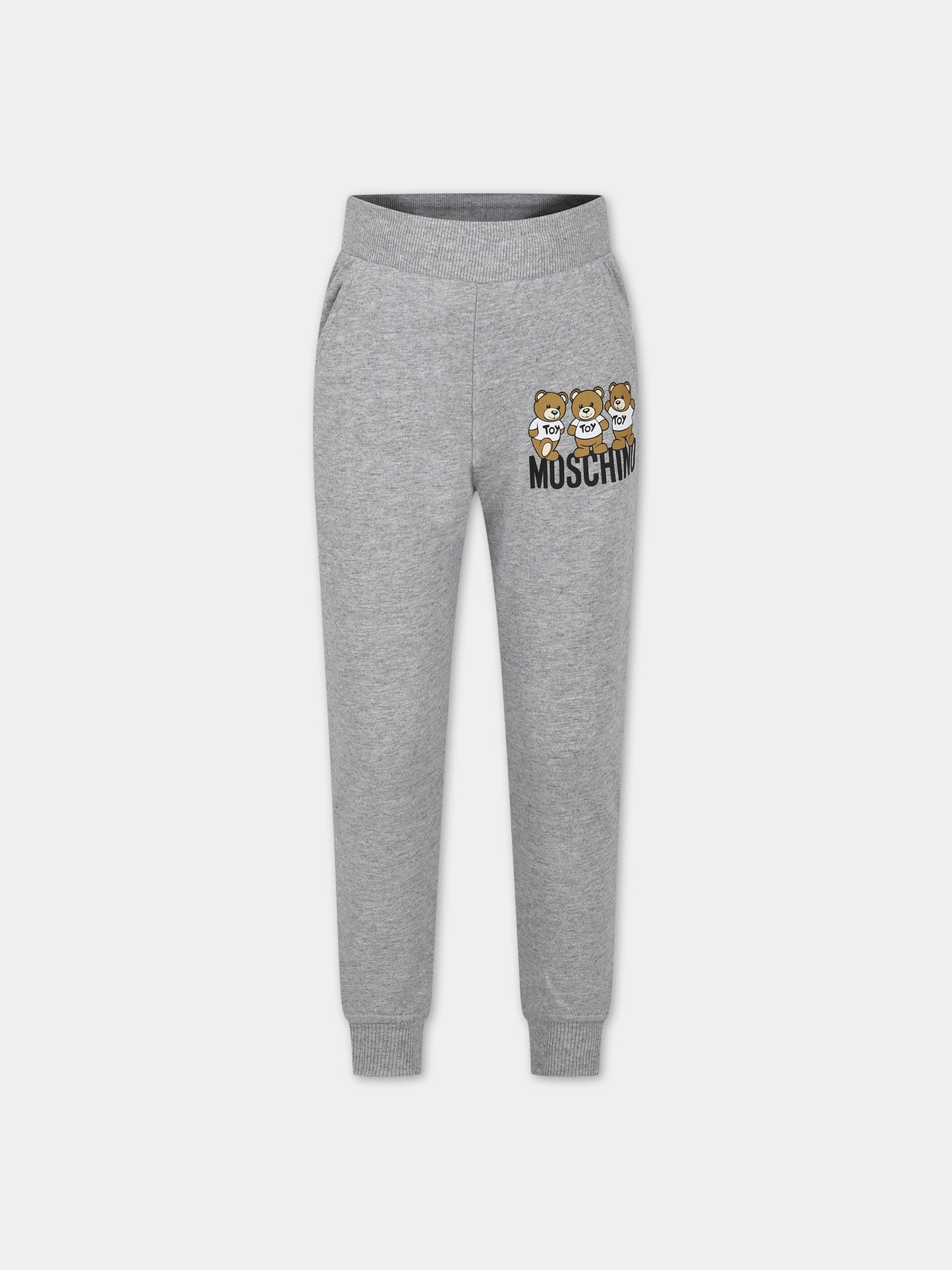 Pantaloni grigi per bambini con tre Teddy Bears e logo,Moschino Kids,HUP079 LCA40 60901