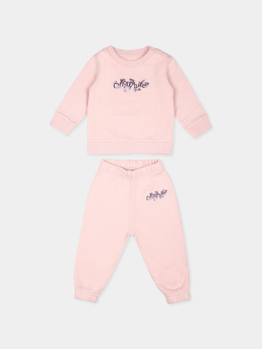 Completo rosa per neonata con logo e stampa floreale,Off White,OG2X007F24FLE0013C10